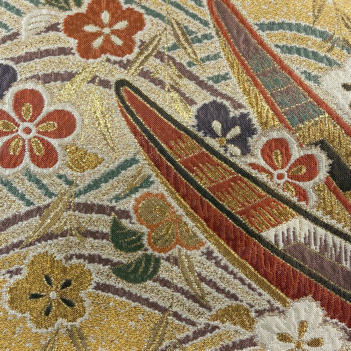 【美品】 袋帶 秀品級 尾長鳥 梅花 金絲 金金箔 山吹 深黃 六通 純蠶絲