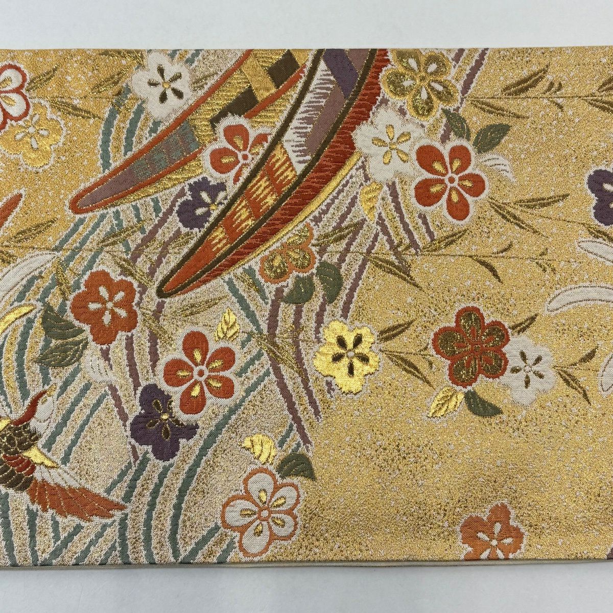 【美品】 袋帶 秀品級 尾長鳥 梅花 金絲 金金箔 山吹 深黃 六通 純蠶絲