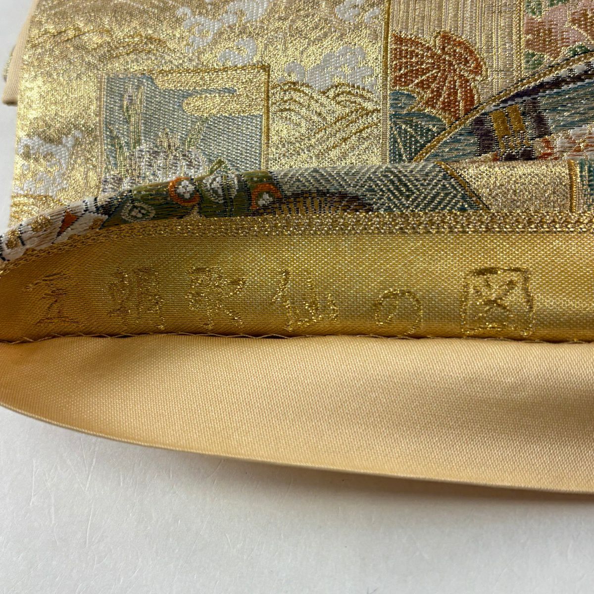 【美品】 袋帶 秀品級 扇子面 人物 金金箔 金色 六通 純蠶絲