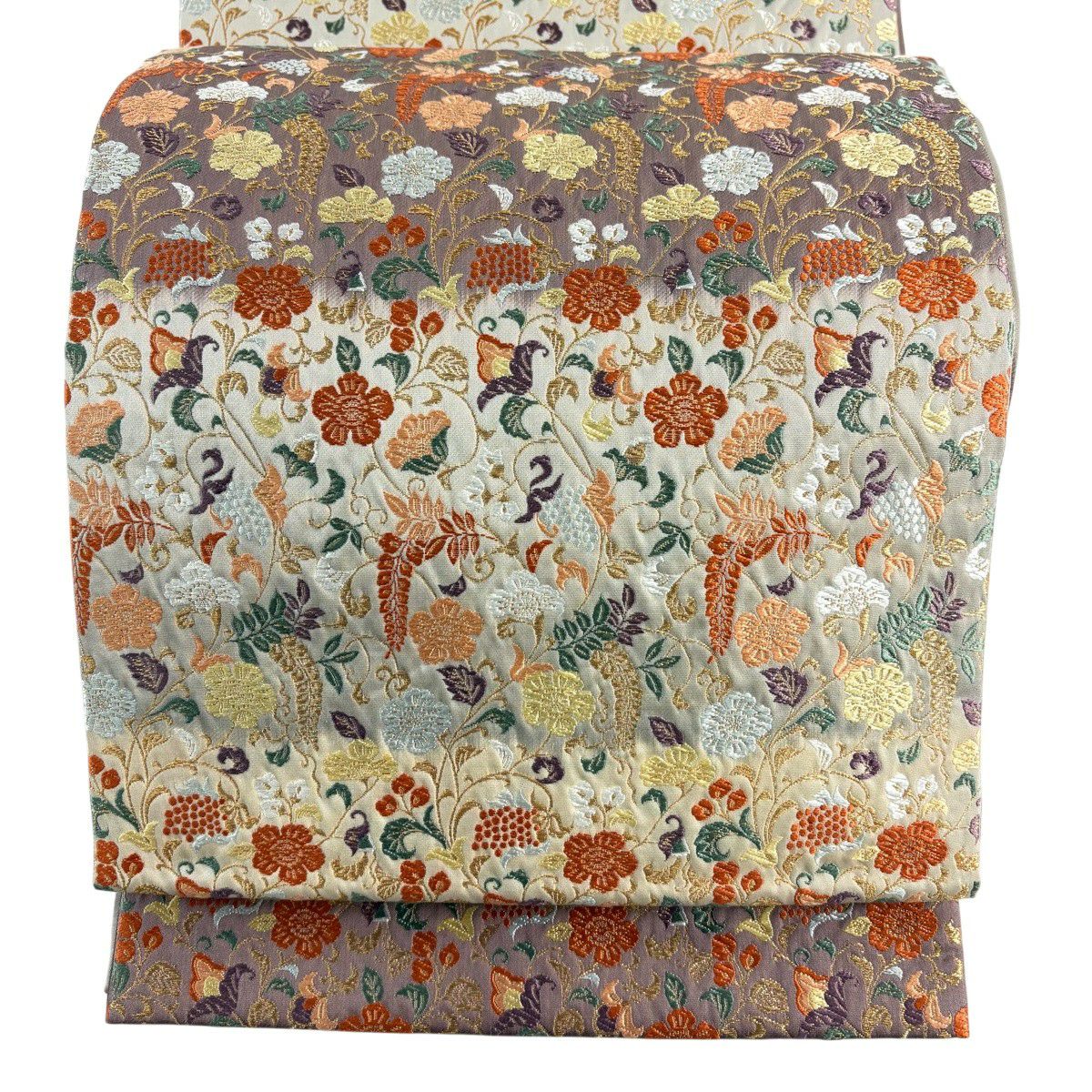 【美品】 袋帶 秀品級 花唐草紋 段紋 金絲 米色 六通 純蠶絲