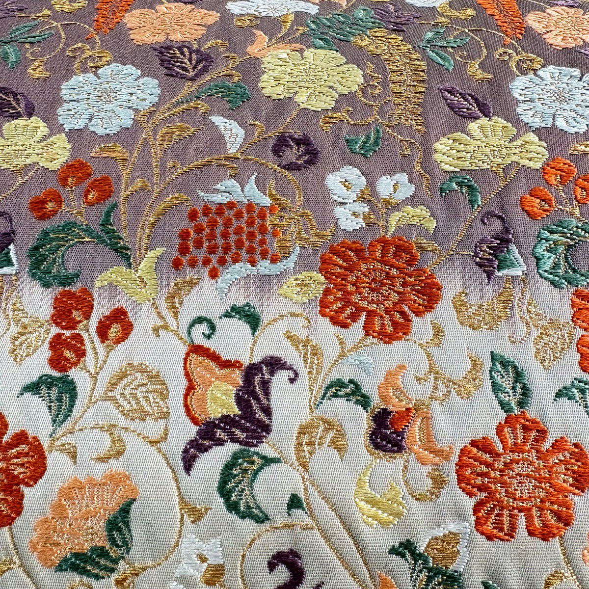 【美品】 袋帶 秀品級 花唐草紋 段紋 金絲 米色 六通 純蠶絲