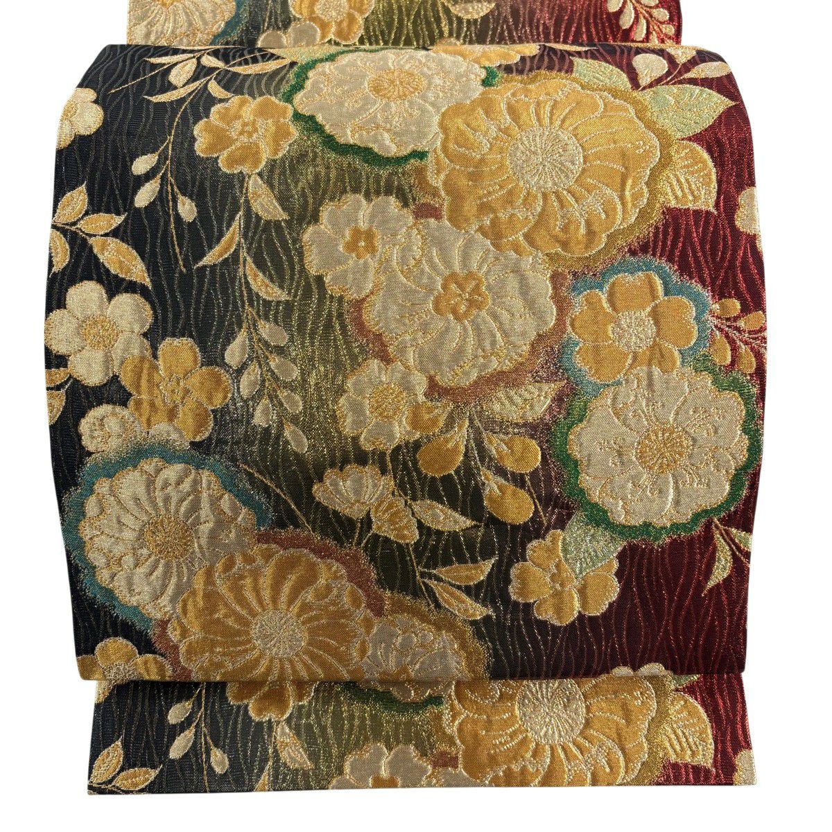 【美品】 袋帶 秀品級 草花紋紋 よろけ縞 金糸 金金箔 金 六通 純蠶絲