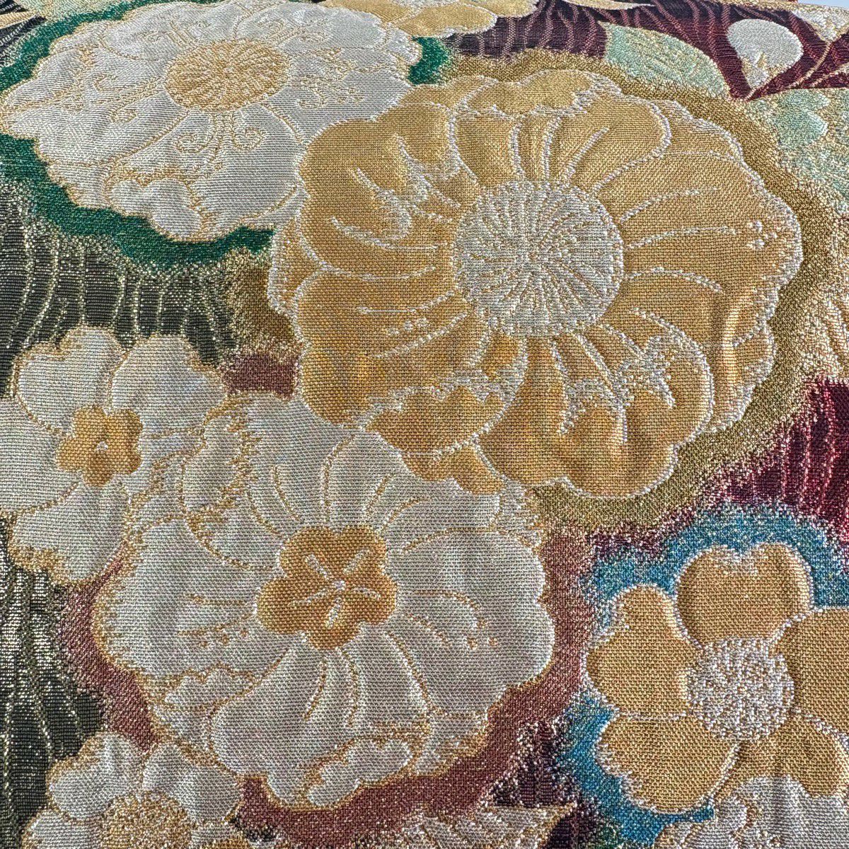 【美品】 袋帶 秀品級 草花紋紋 よろけ縞 金糸 金金箔 金 六通 純蠶絲