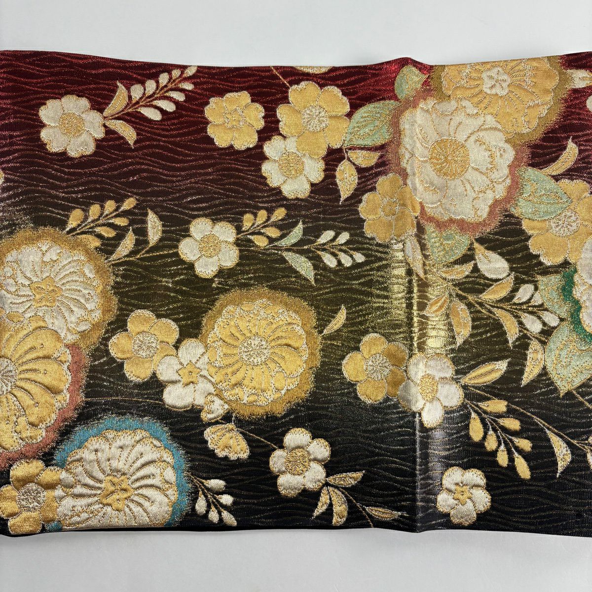 【美品】 袋帶 秀品級 草花紋紋 よろけ縞 金糸 金金箔 金 六通 純蠶絲
