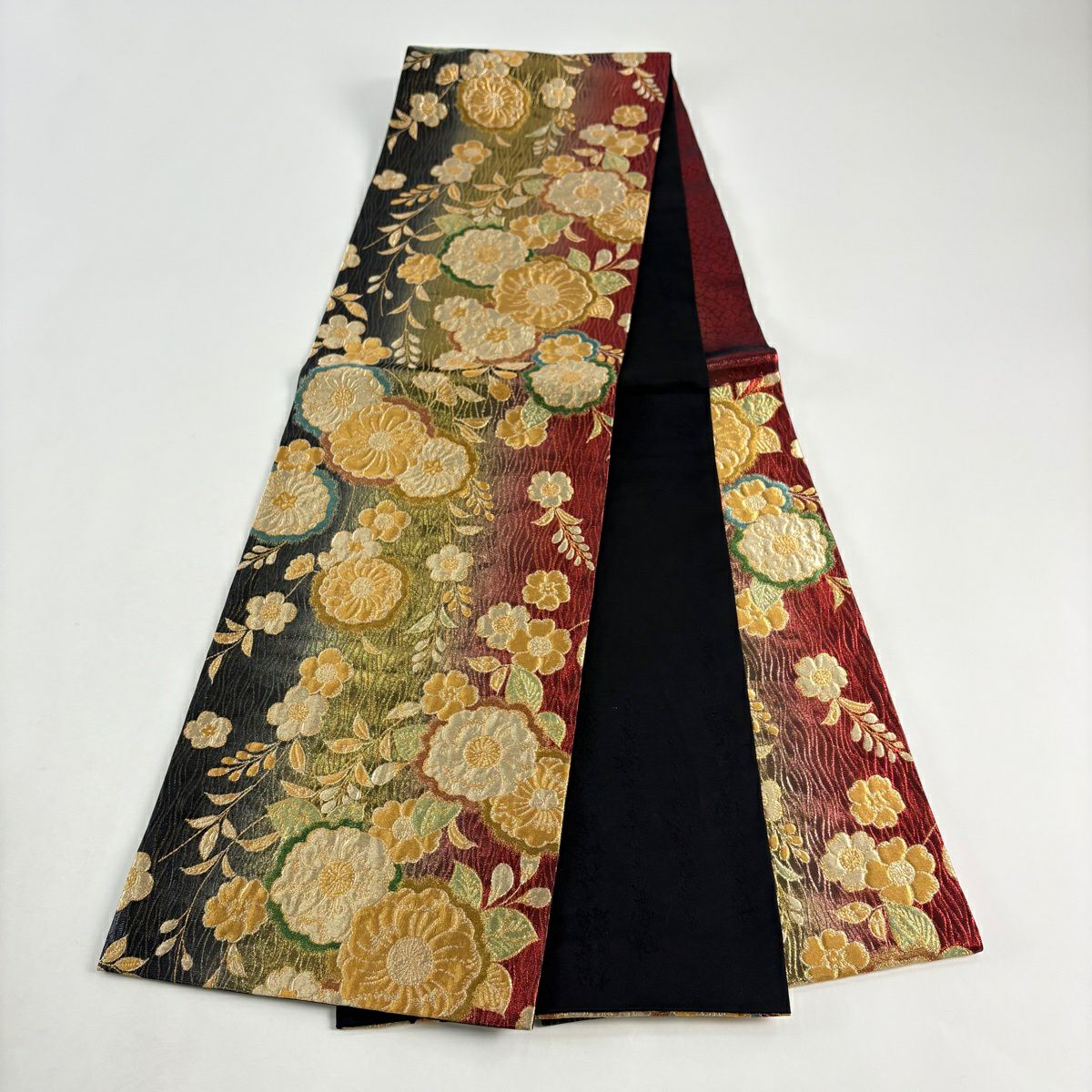 【美品】 袋帶 秀品級 草花紋紋 よろけ縞 金糸 金金箔 金 六通 純蠶絲