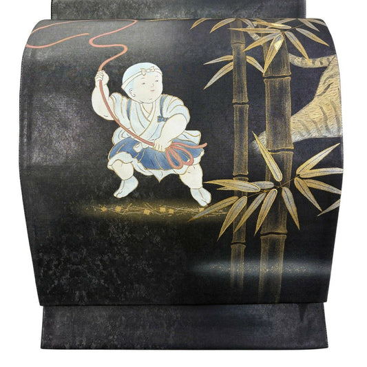 袋帶 秀品級 小坊主 竹子 金銀彩 螺鈿 黑灰 大鼓圖案 純蠶絲