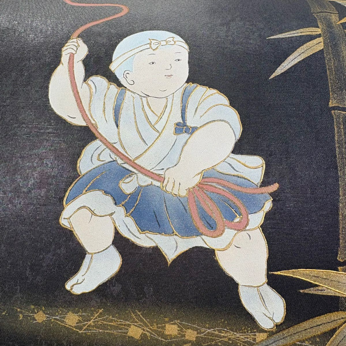 袋帶 秀品級 小坊主 竹子 金銀彩 螺鈿 黑灰 大鼓圖案 純蠶絲