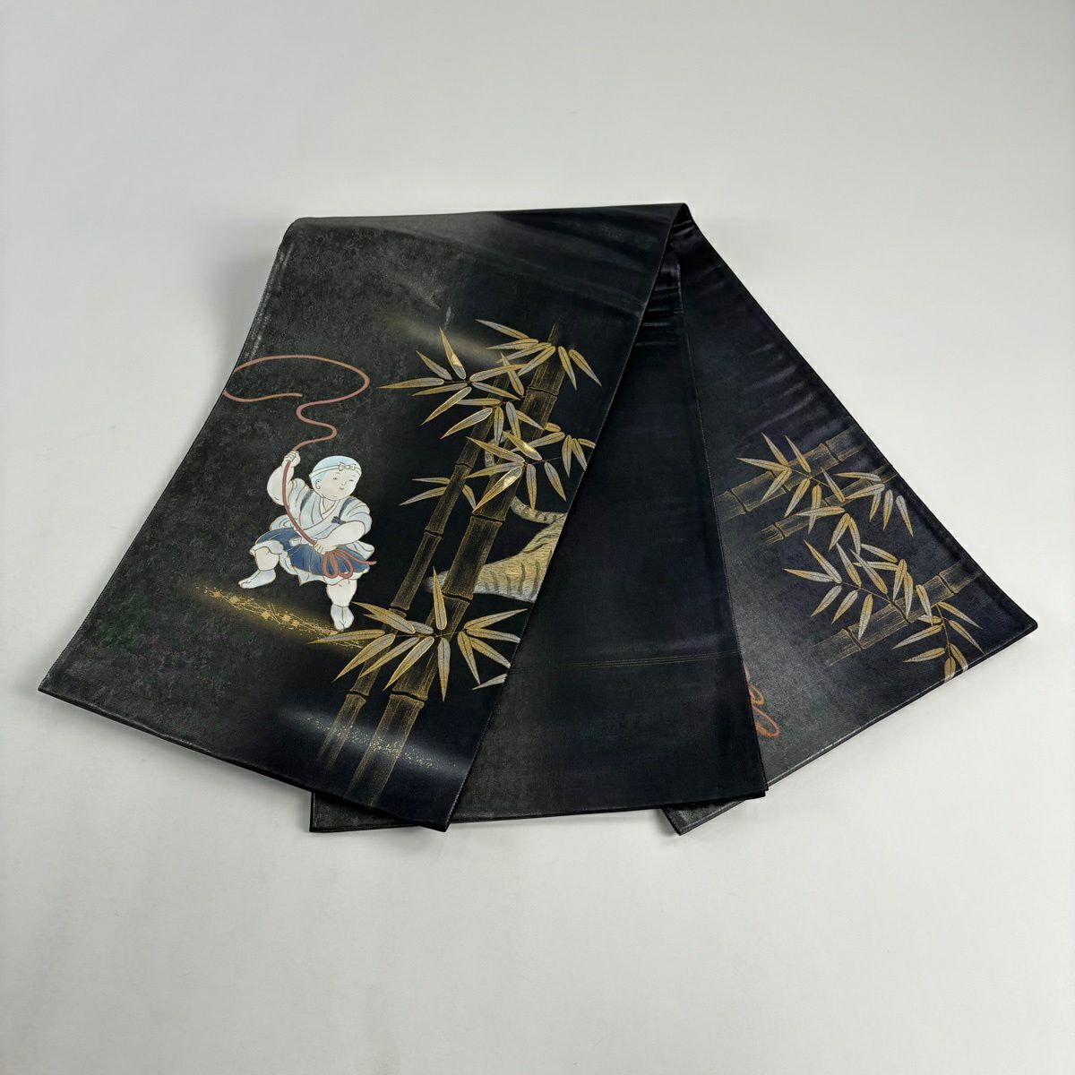 袋帶 秀品級 小坊主 竹子 金銀彩 螺鈿 黑灰 大鼓圖案 純蠶絲