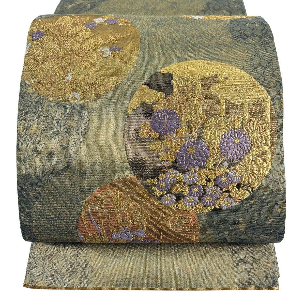 【美品】 袋帶 秀品級 圓文 草花紋 金糸 金金箔 鶯色 大鼓圖案 純蠶絲