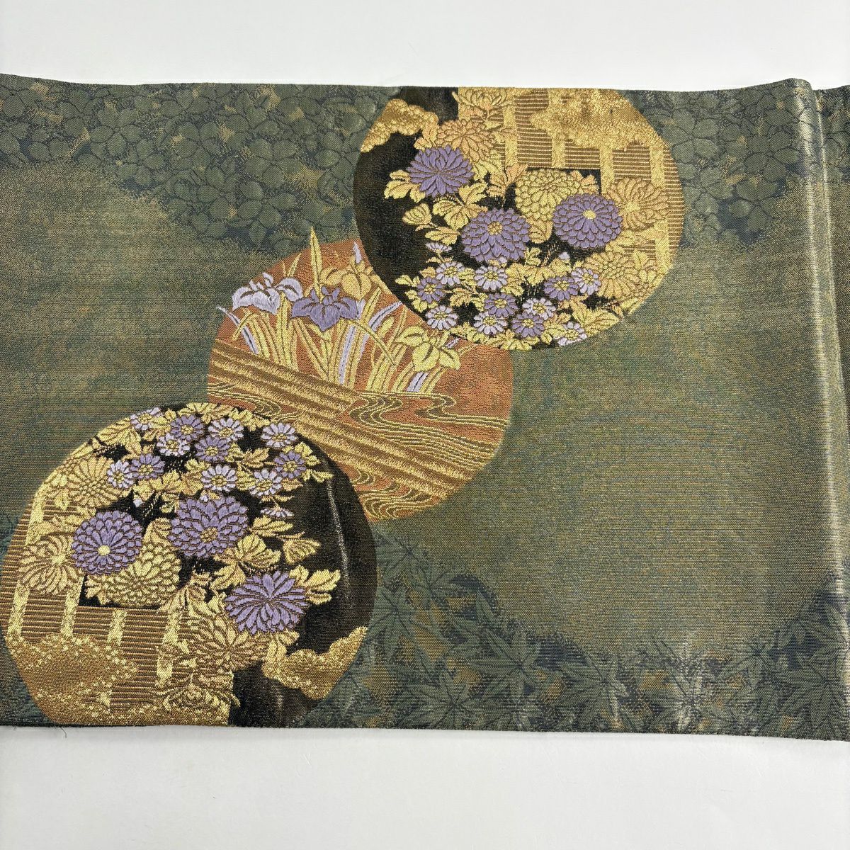 【美品】 袋帶 秀品級 圓文 草花紋 金糸 金金箔 鶯色 大鼓圖案 純蠶絲
