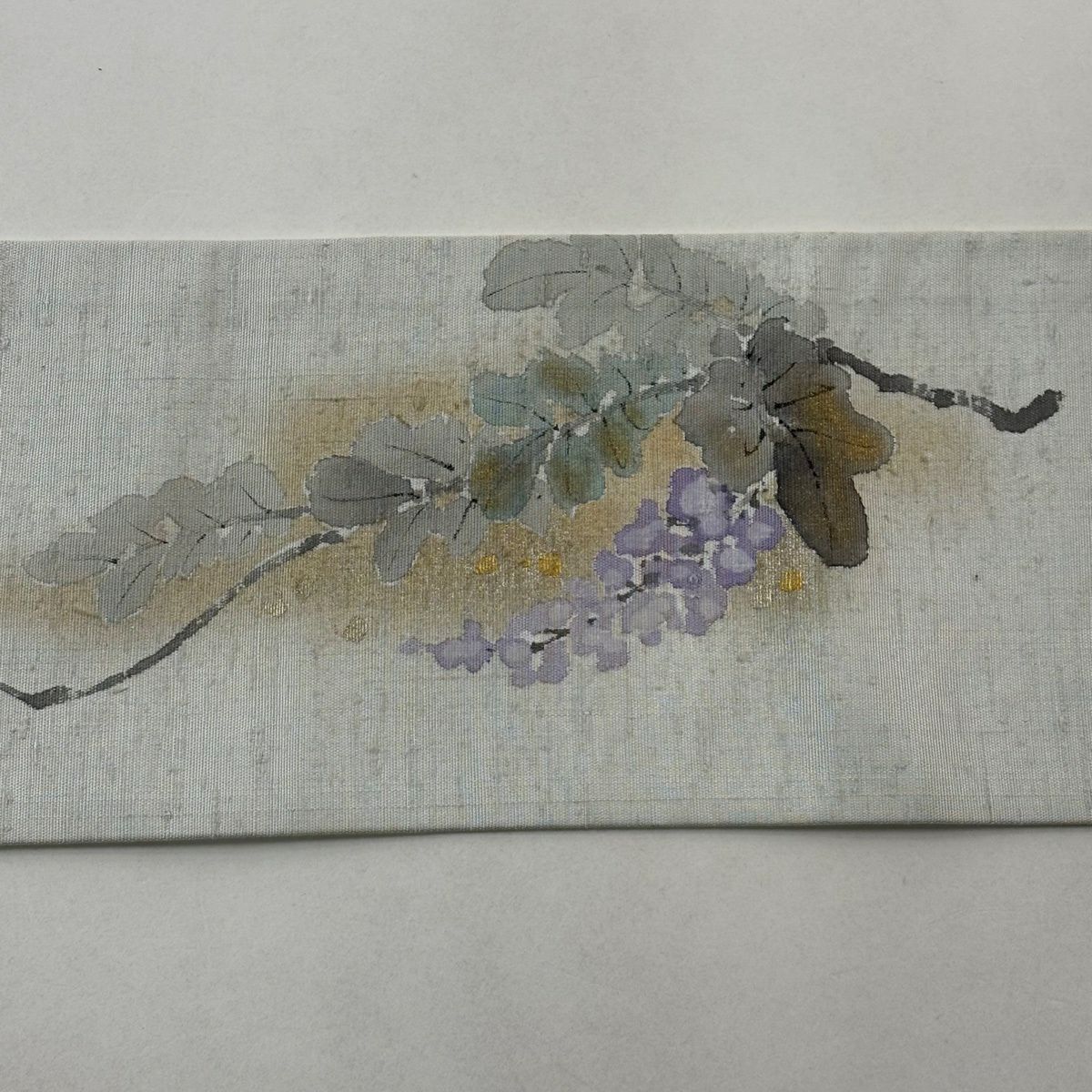 名古屋帶 秀品級 附有落款 紬織織 藤花 霞 金銀彩 灰色 純蠶絲