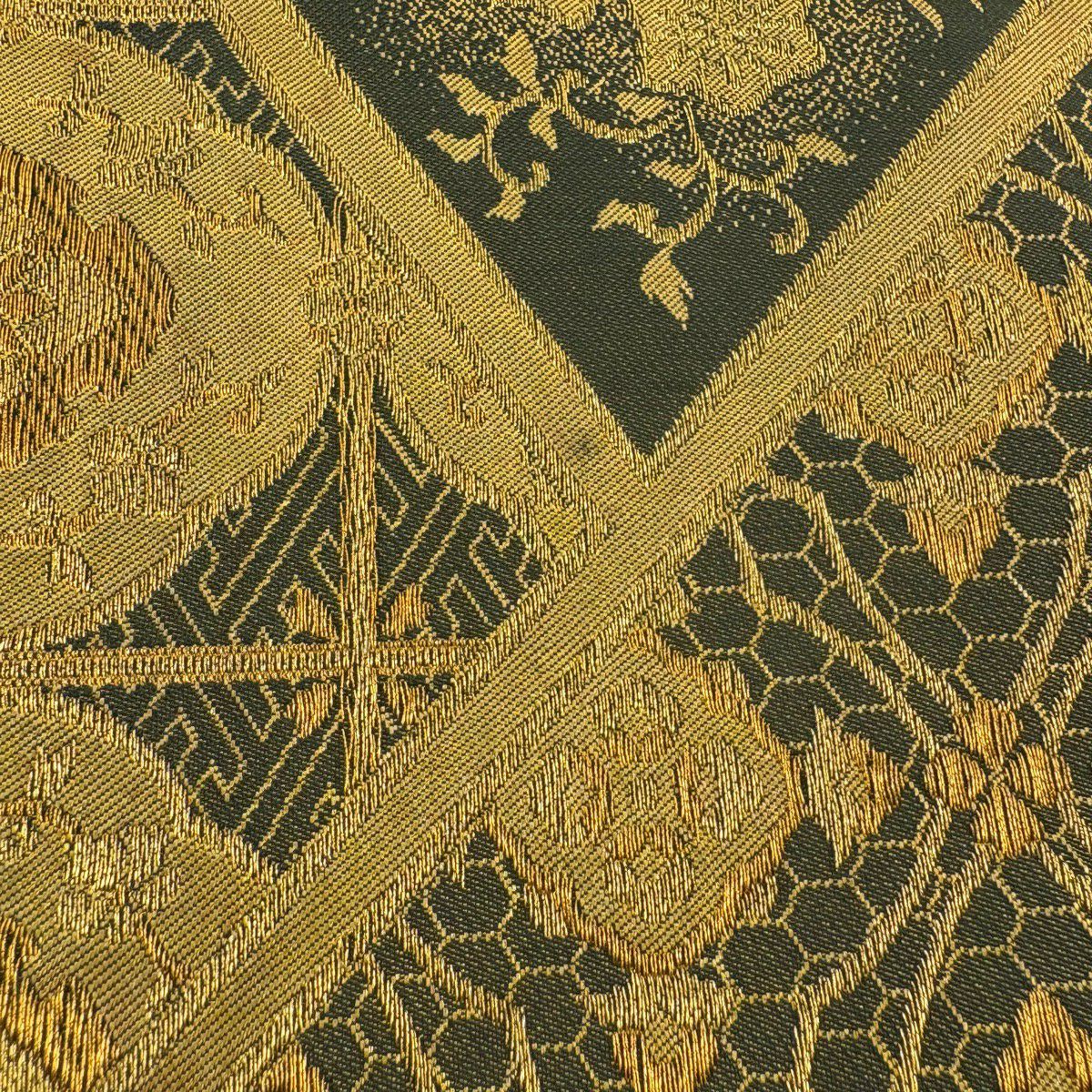 袋帶 秀品級 花菱 有職紋樣 金絲 金金箔 深綠 六通 純蠶絲