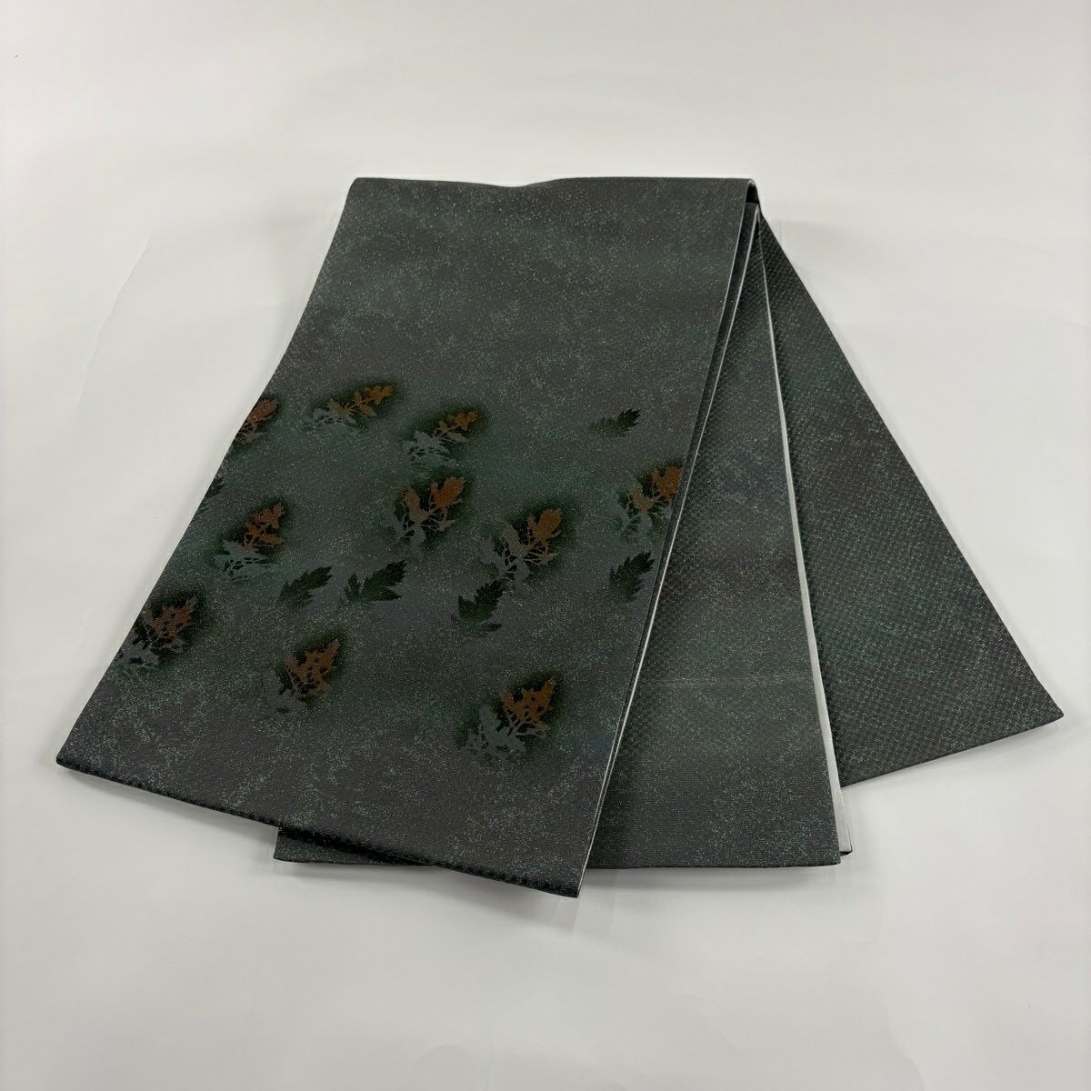 袋帶 秀品級 附有落款 葉紋 輪廓 金金箔 灰綠 大鼓紋 純蠶絲