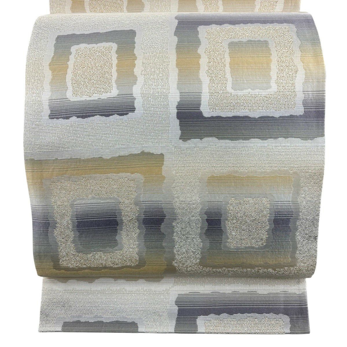 【美品】 袋帶 秀品級 幾何圖案 條紋 金絲 奶油色 全通 純蠶絲