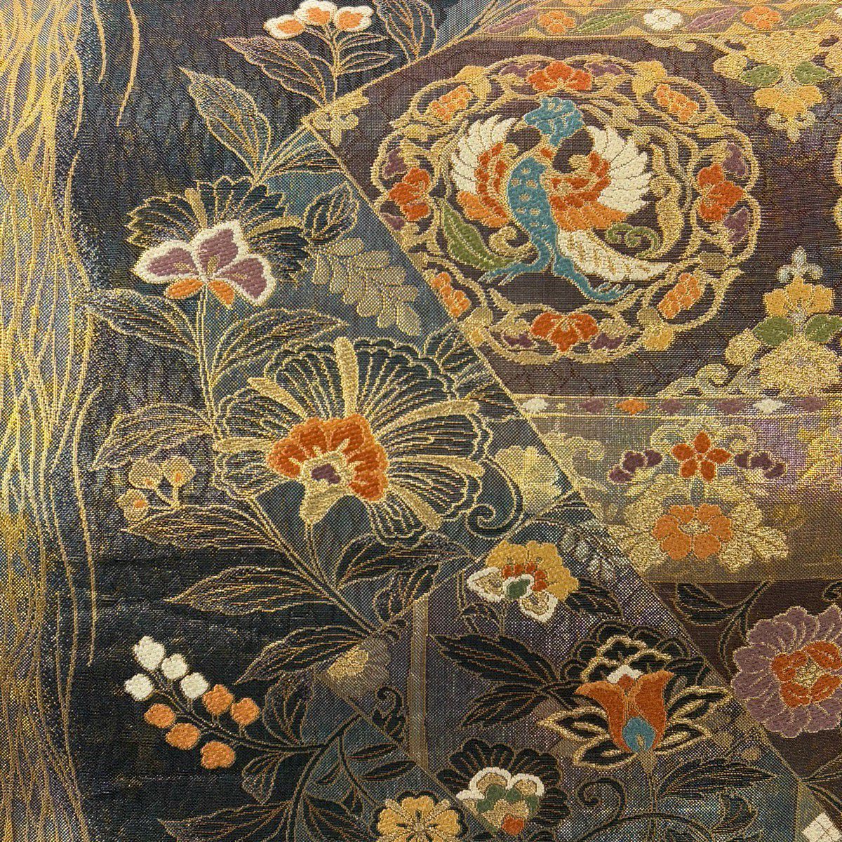 袋帶 秀品級 花唐草紋 鳳凰 金絲 金金箔 青綠 六通 純蠶絲
