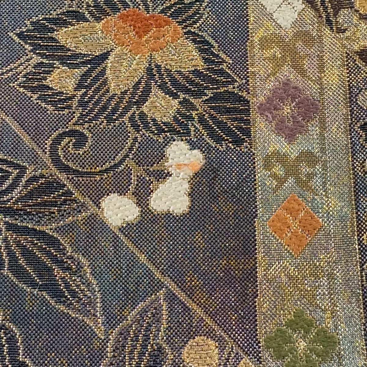 袋帶 秀品級 花唐草紋 鳳凰 金絲 金金箔 青綠 六通 純蠶絲