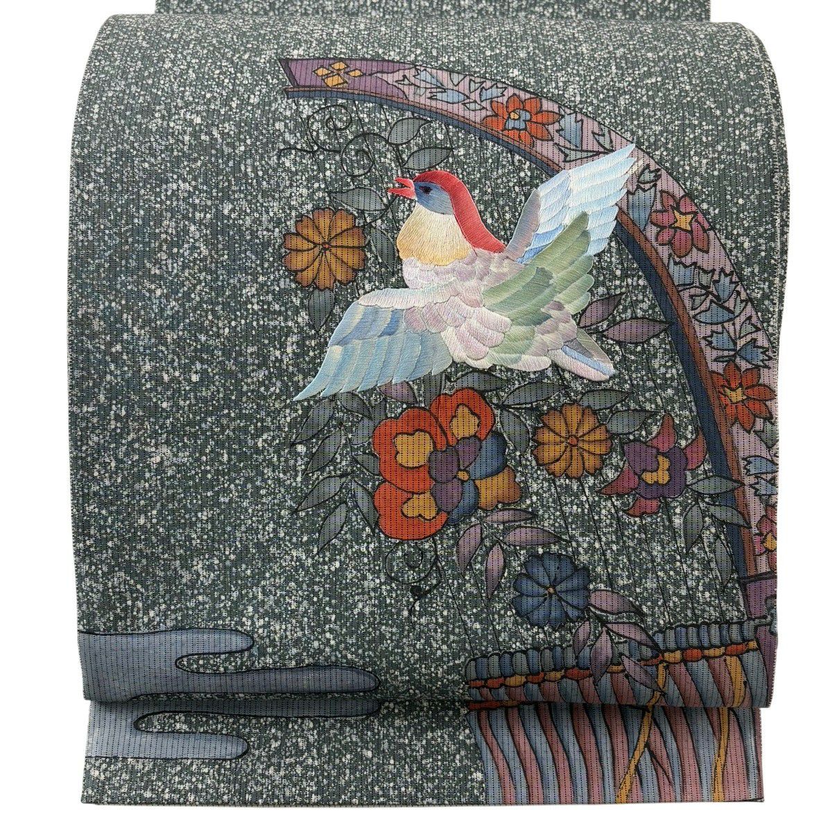 【美品】 袋帶 秀品級 鳥 草花紋刺繡 深綠 お太鼓柄 純蠶絲