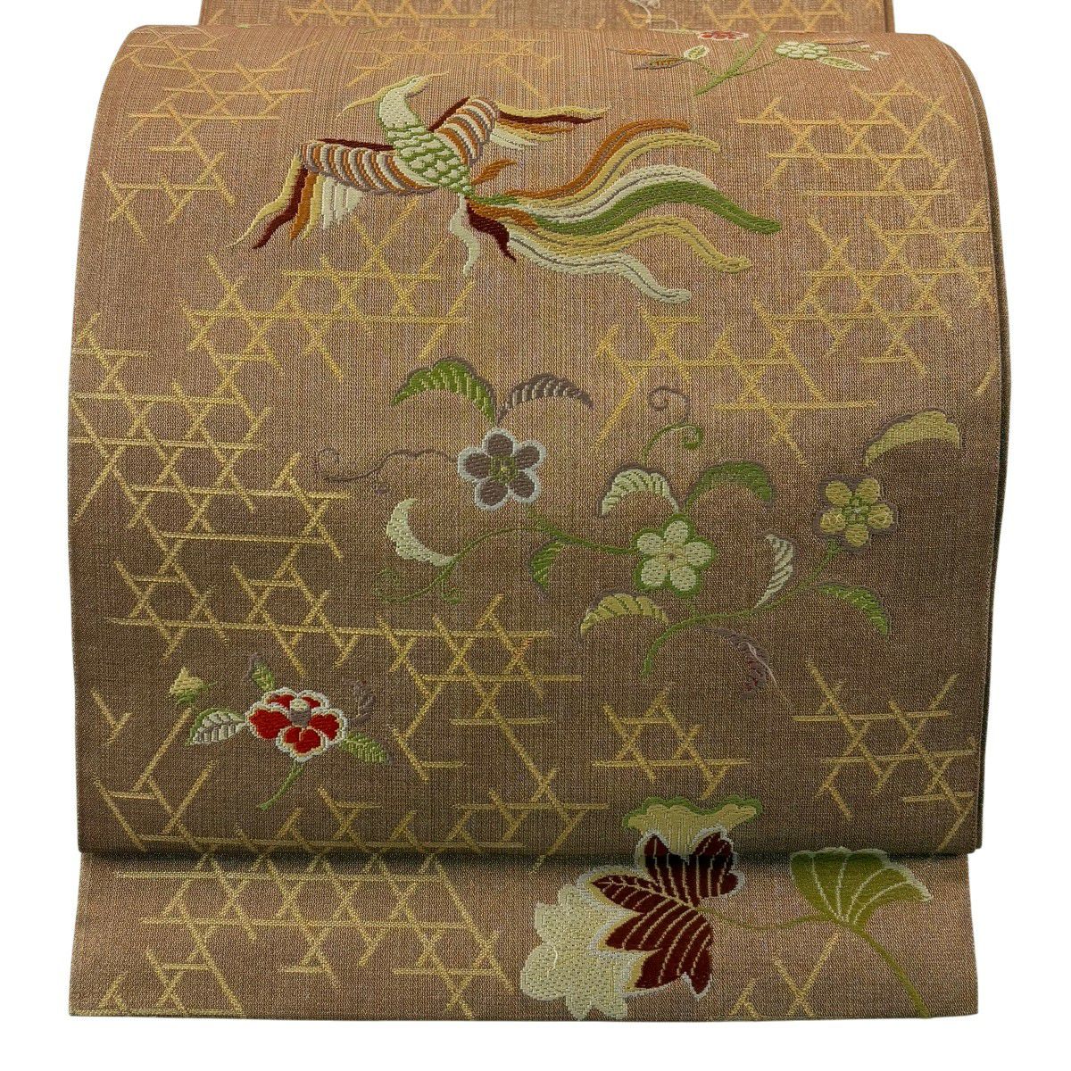 袋帶 秀品級 飛仙鶴草花紋錦 金絲 金金箔 金茶 六通 純蠶絲