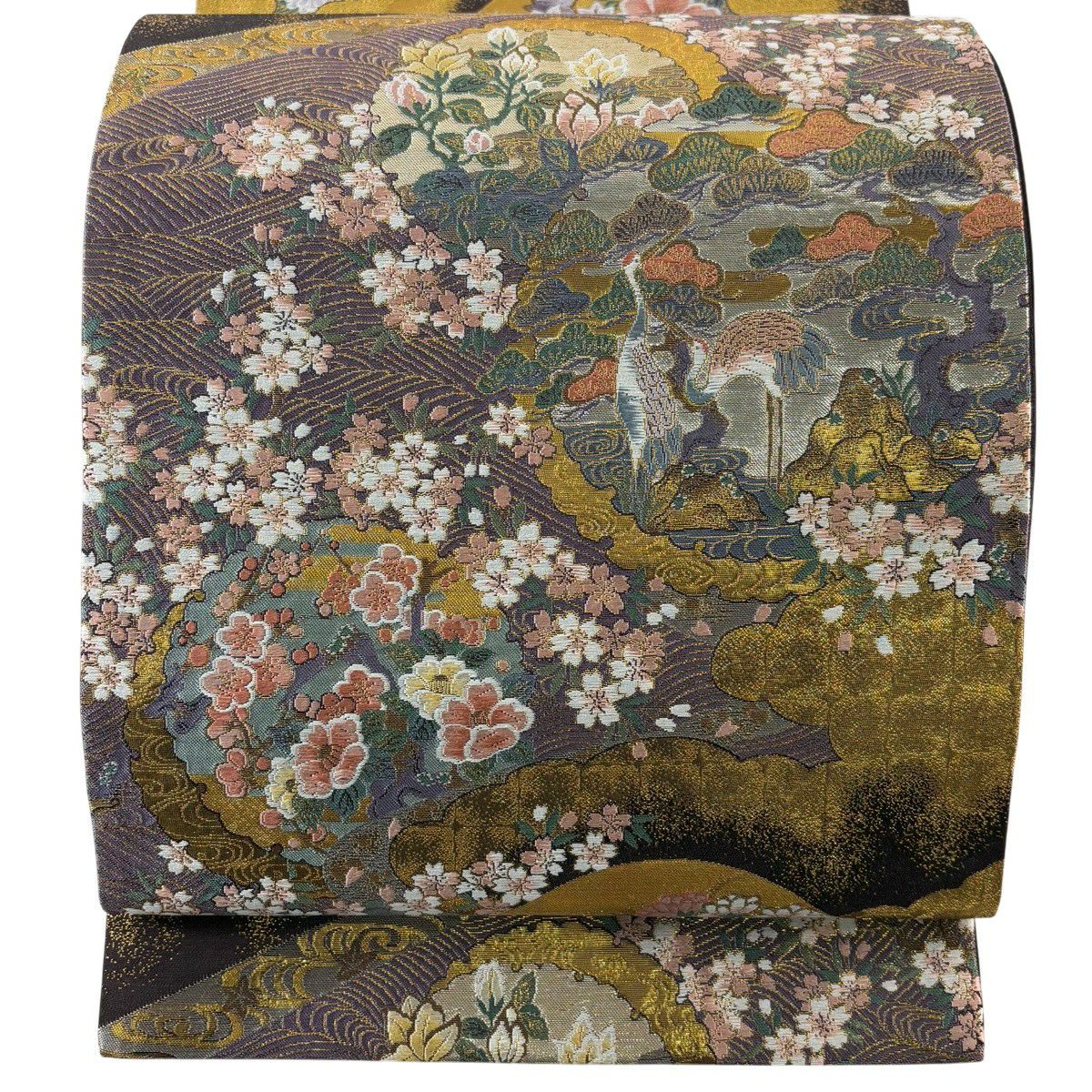 【美品】 袋帶 秀品級 仙鶴 松樹梅花 金絲 金金箔 金色 六通 純蠶絲
