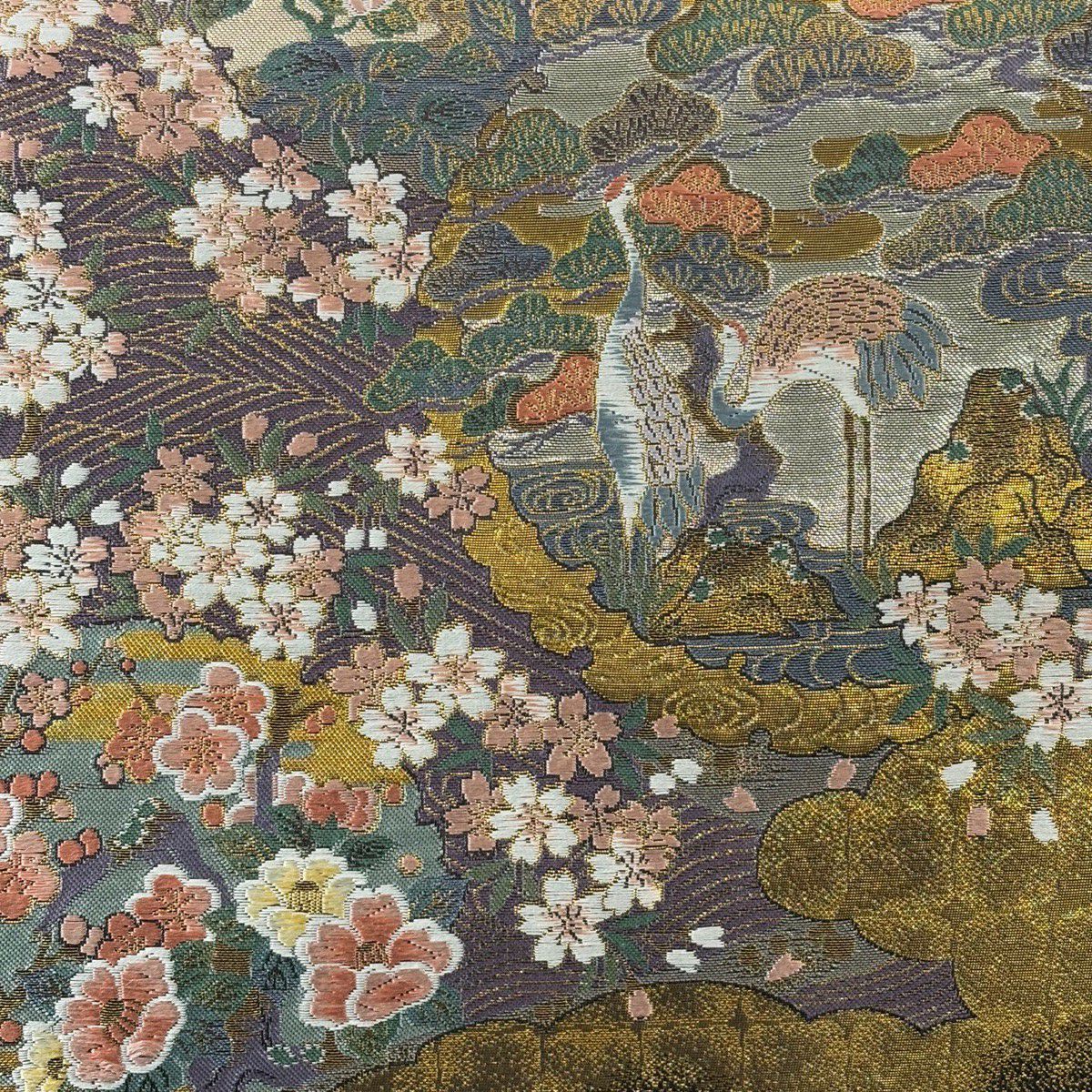 【美品】 袋帶 秀品級 仙鶴 松樹梅花 金絲 金金箔 金色 六通 純蠶絲