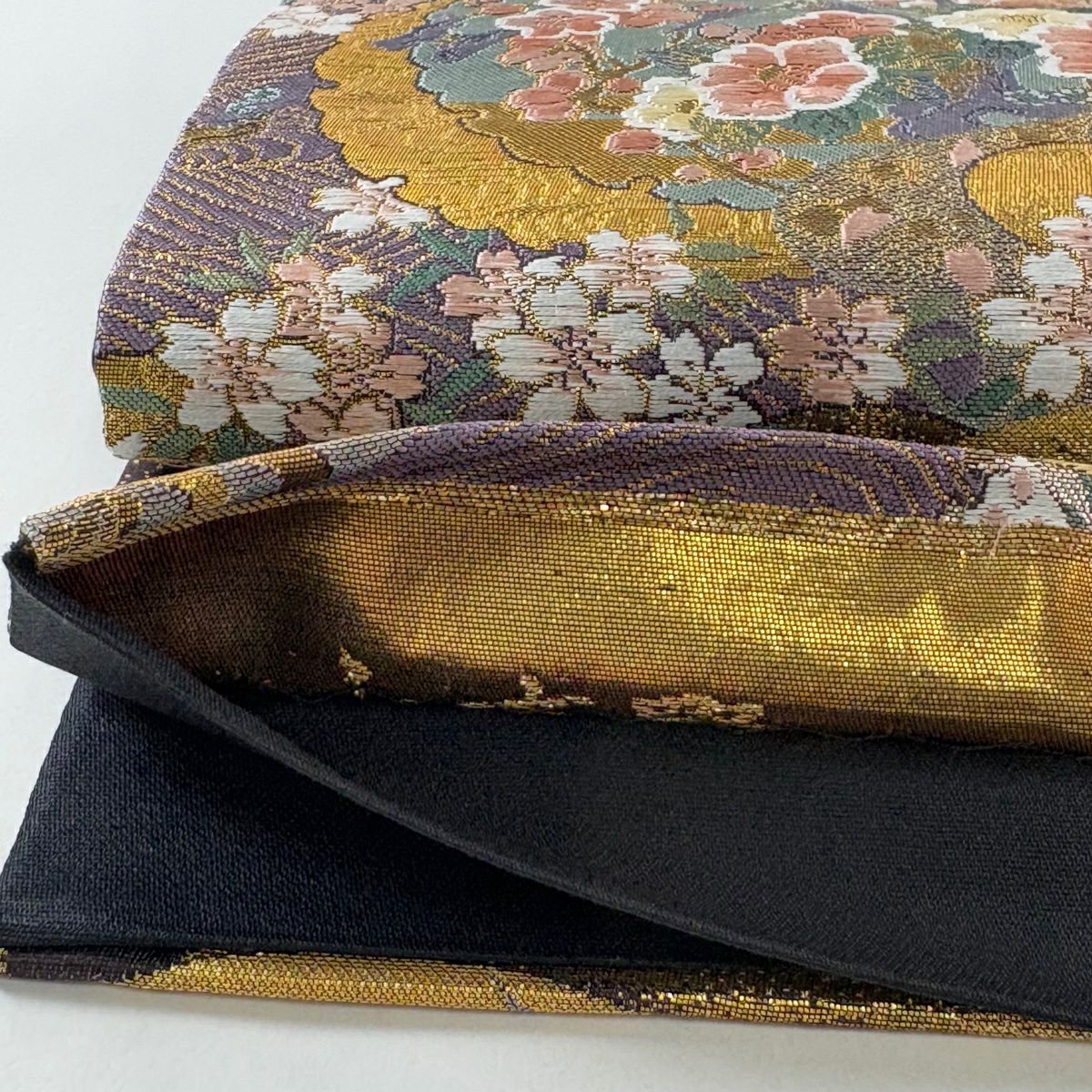 【美品】 袋帶 秀品級 仙鶴 松樹梅花 金絲 金金箔 金色 六通 純蠶絲