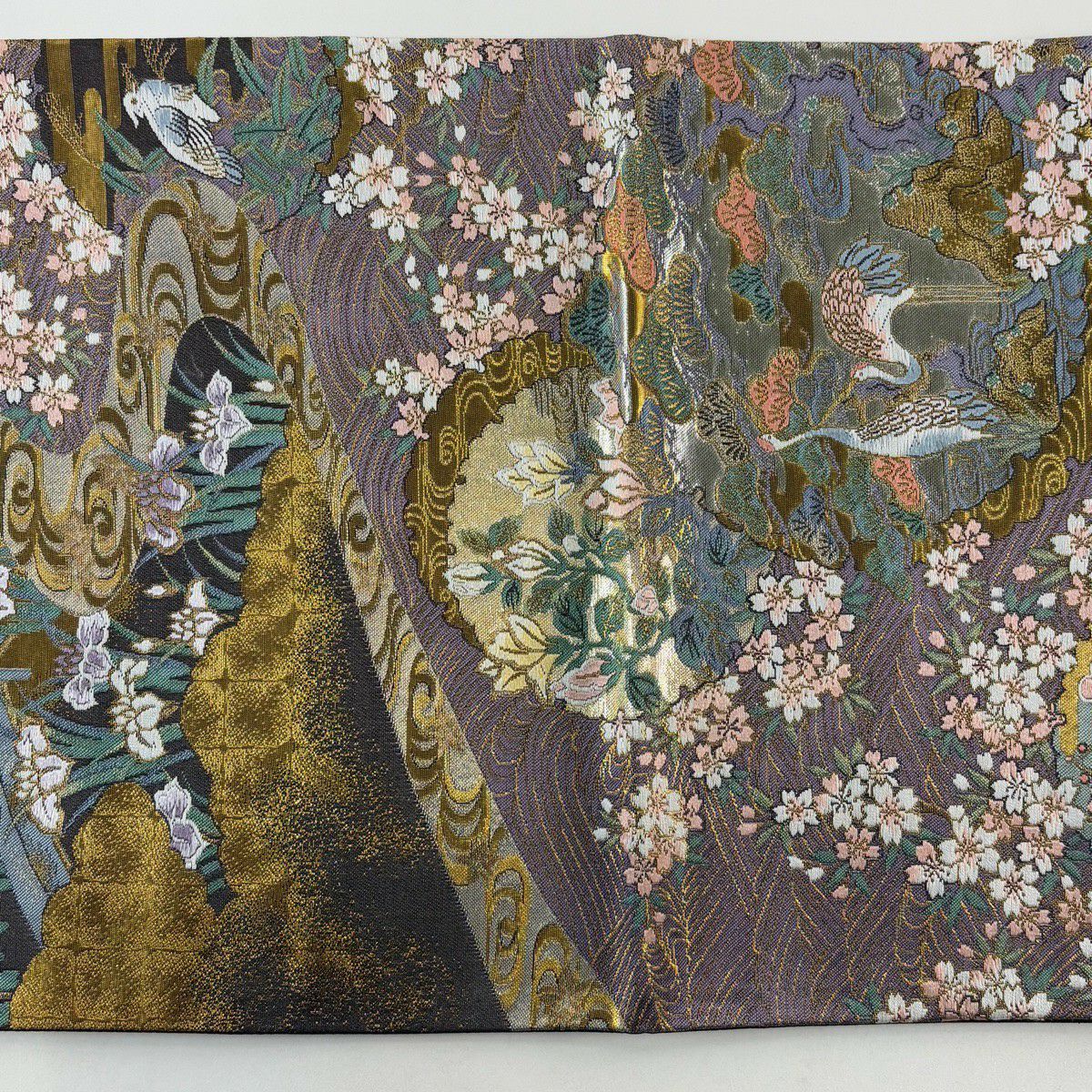 【美品】 袋帶 秀品級 仙鶴 松樹梅花 金絲 金金箔 金色 六通 純蠶絲