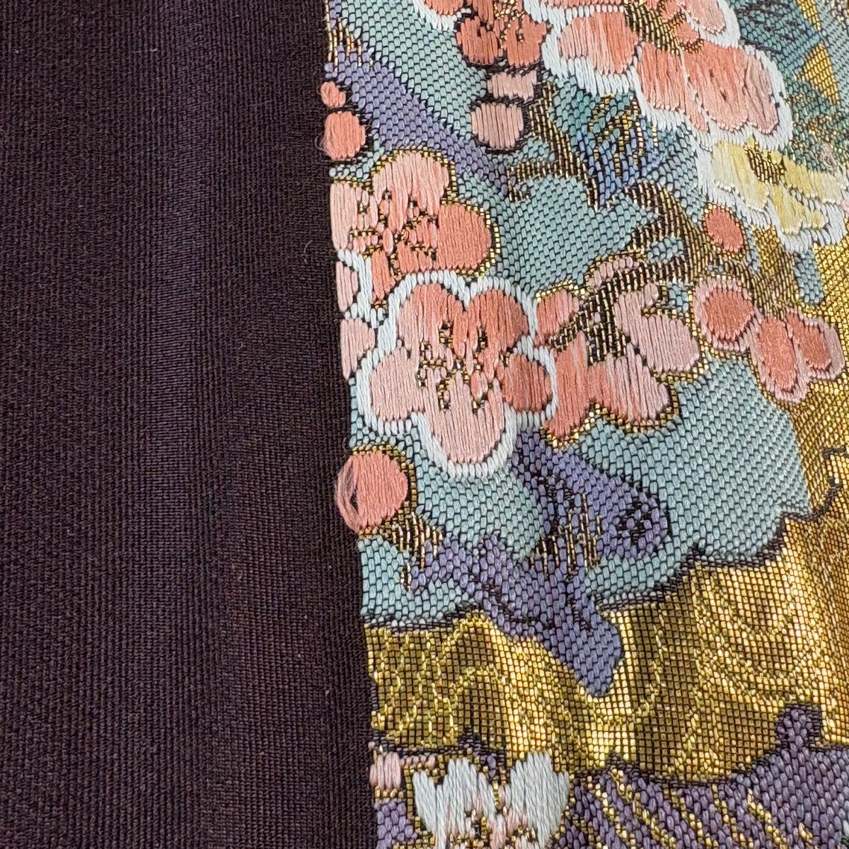 【美品】 袋帶 秀品級 仙鶴 松樹梅花 金絲 金金箔 金色 六通 純蠶絲
