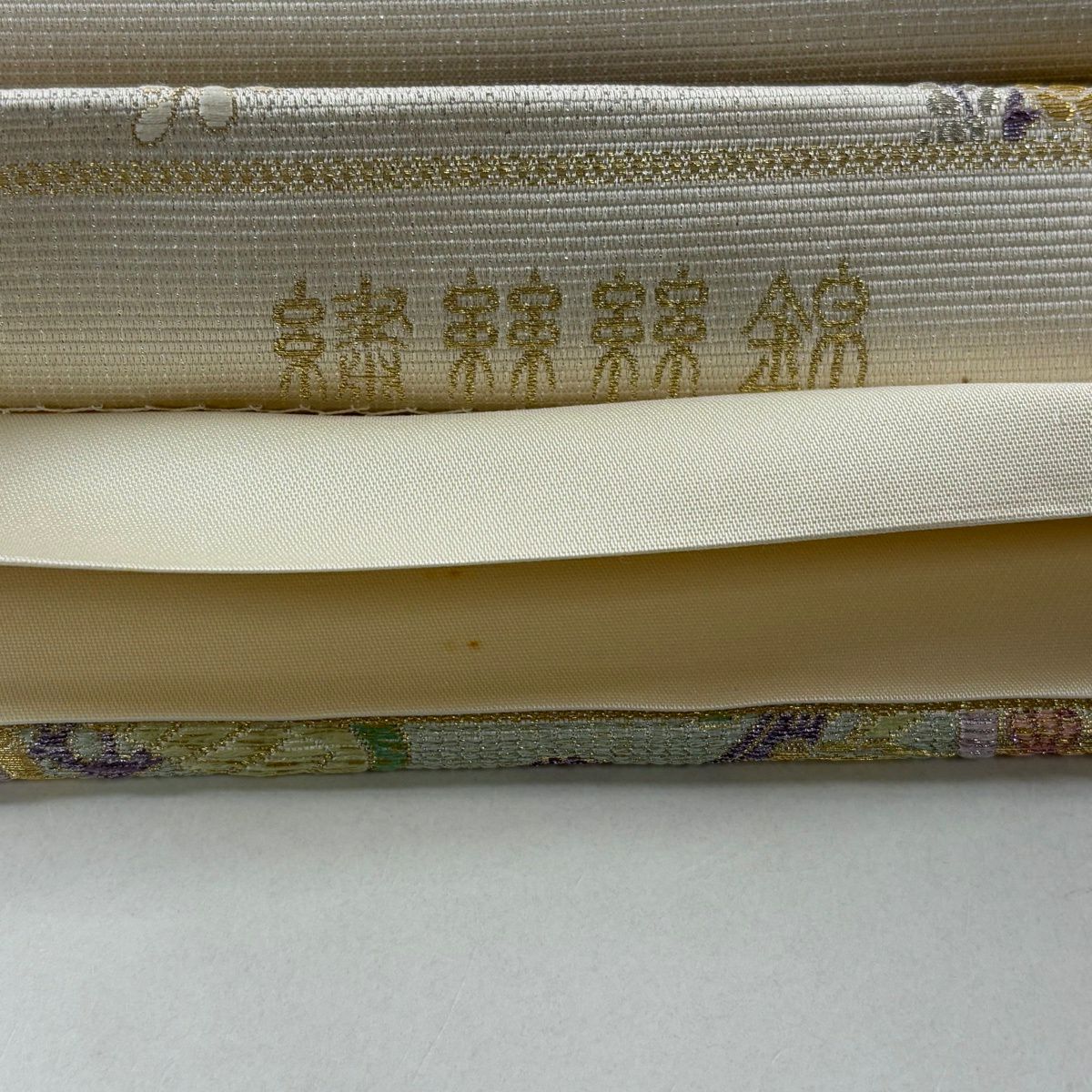 袋帶 秀品級 花鳥 松樹 金銀彩 灰白 六通 純蠶絲