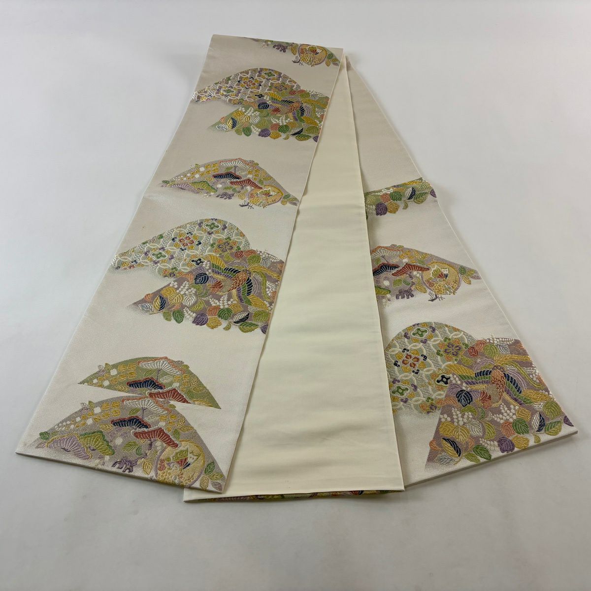 袋帶 秀品級 花鳥 松樹 金銀彩 灰白 六通 純蠶絲