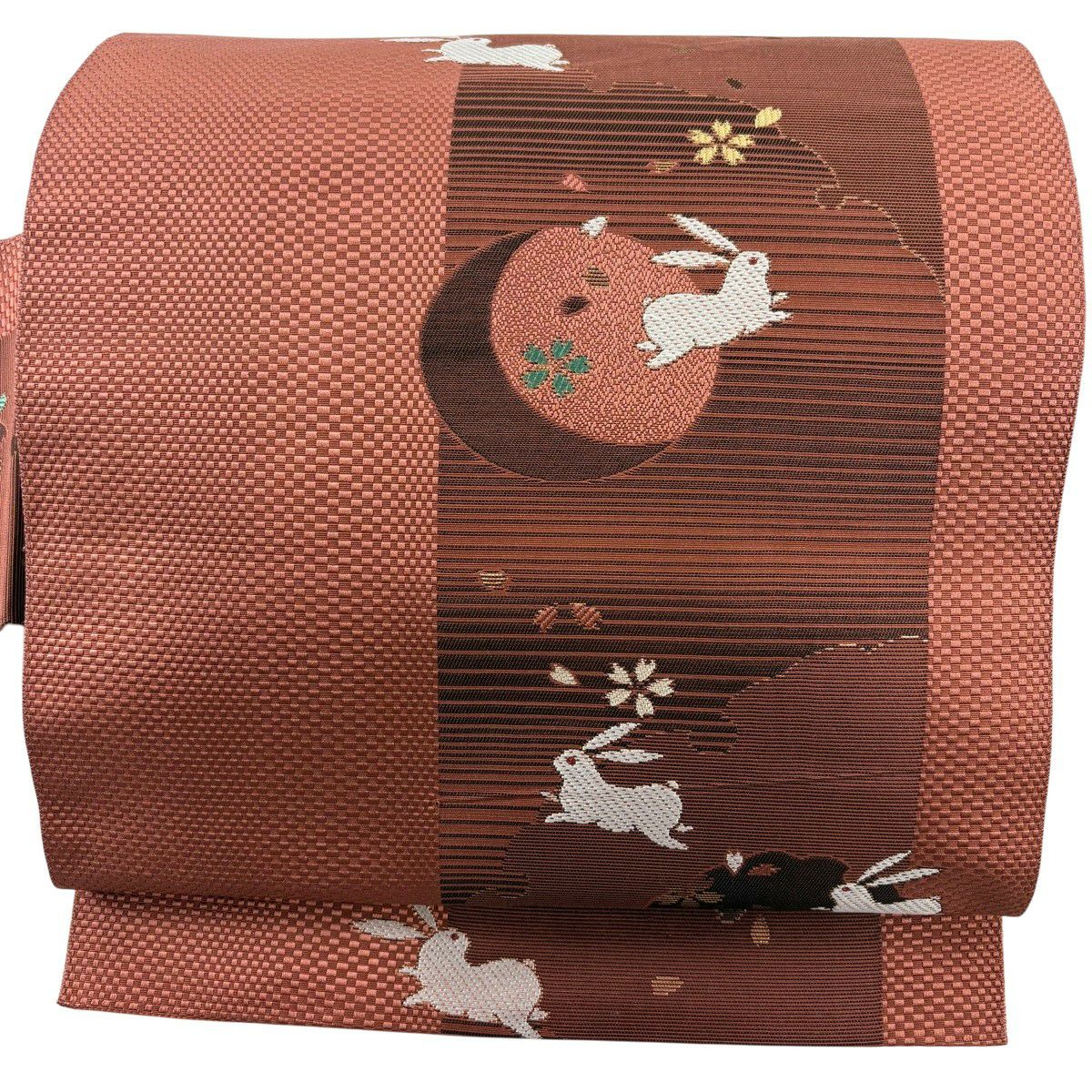 名古屋帶 優品級 兔子 櫻花 金金箔 刺繡 小豆色 純蠶絲