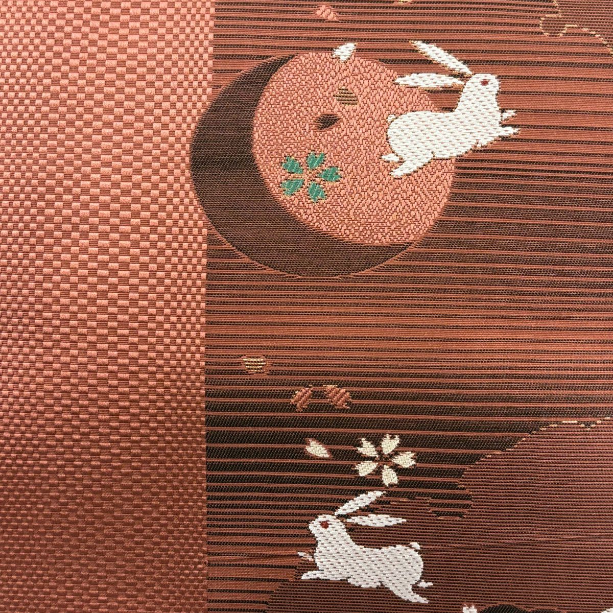 名古屋帶 優品級 兔子 櫻花 金金箔 刺繡 小豆色 純蠶絲