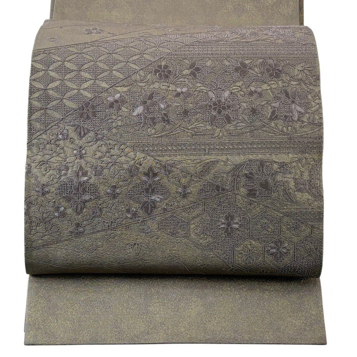 【美品】 袋帶 秀品級 草花紋紋 七寶紋 刺繡 金絲 紫色 お太鼓柄 純蠶絲
