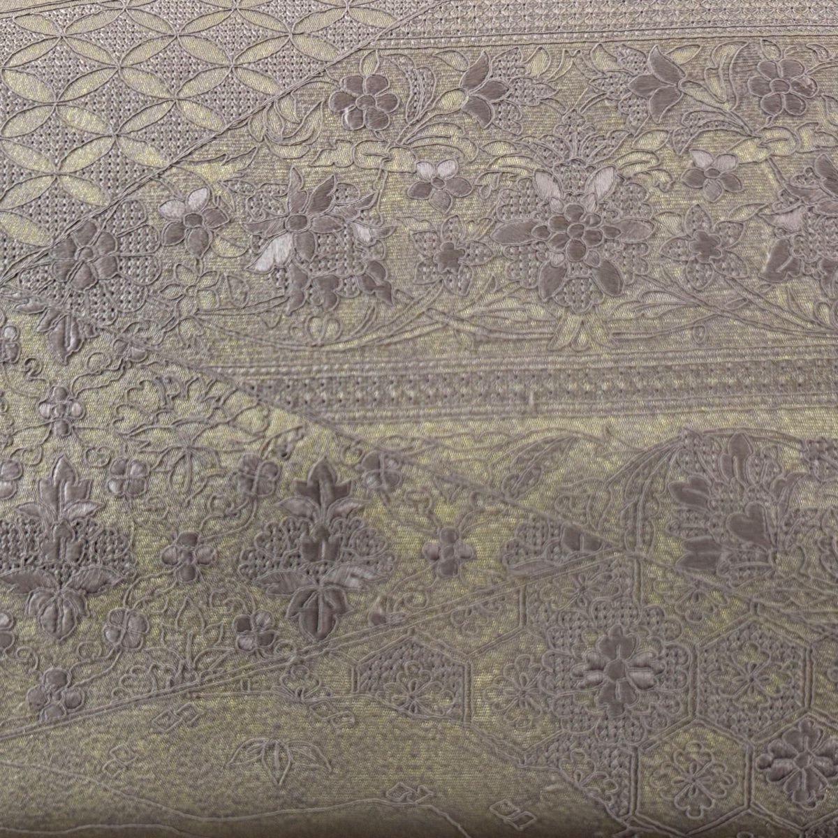 【美品】 袋帶 秀品級 草花紋紋 七寶紋 刺繡 金絲 紫色 お太鼓柄 純蠶絲