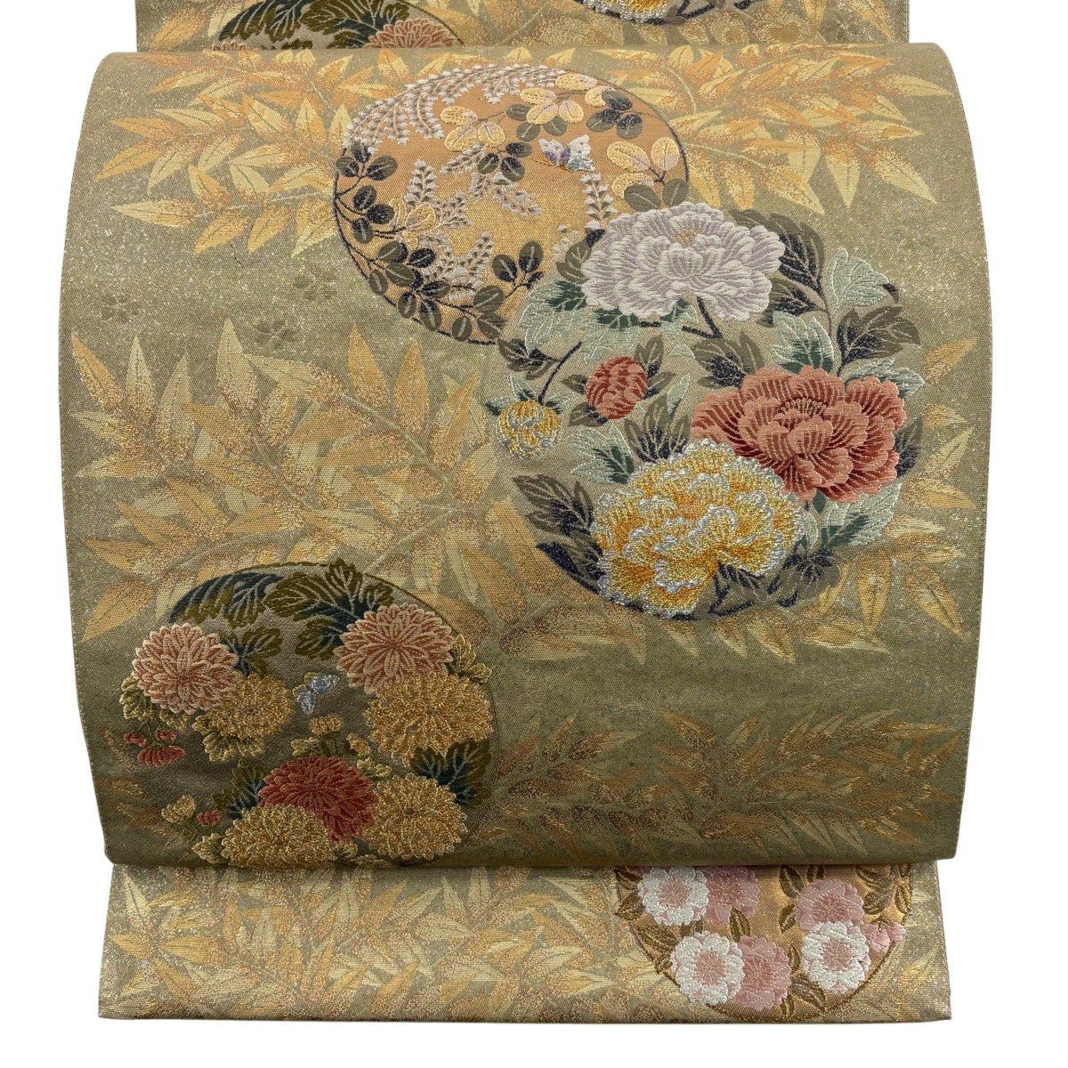 【美品】 袋帶 秀品級 花丸紋 葉柄 金銀絲 金金箔 灰綠 六通 純蠶絲