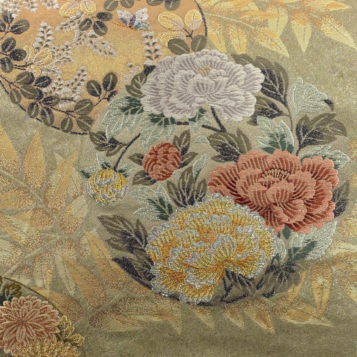 【美品】 袋帶 秀品級 花丸紋 葉柄 金銀絲 金金箔 灰綠 六通 純蠶絲