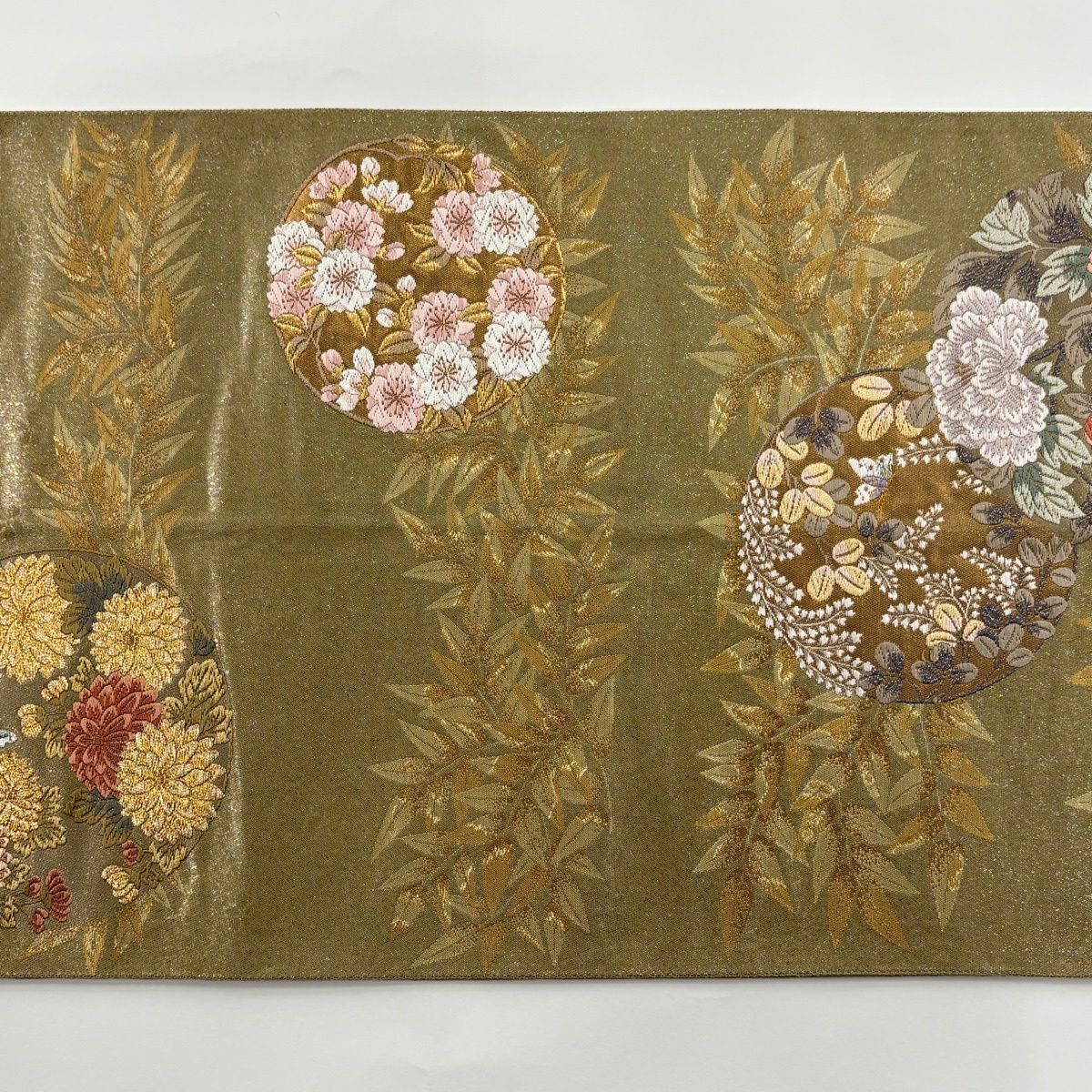 【美品】 袋帶 秀品級 花丸紋 葉柄 金銀絲 金金箔 灰綠 六通 純蠶絲
