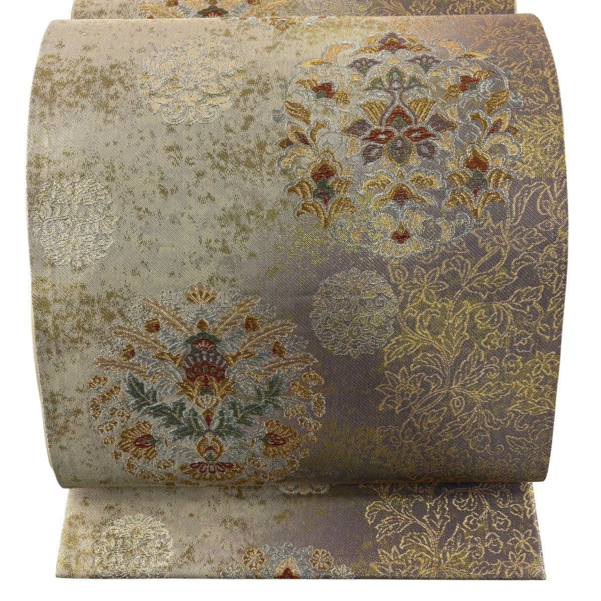 【美品】 袋帶 秀品級 草花紋 幾何圖案 金銀線 金金箔 米色 六通 純蠶絲