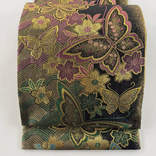 袋帶 秀品級 粋聖 振袖禮服禮服用 蝶 櫻花 金金箔 黑 六通 純蠶絲