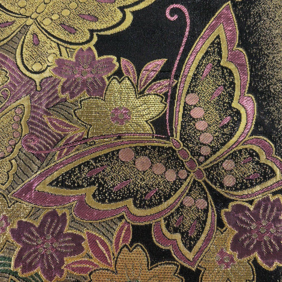 袋帶 秀品級 粋聖 振袖禮服禮服用 蝶 櫻花 金金箔 黑 六通 純蠶絲