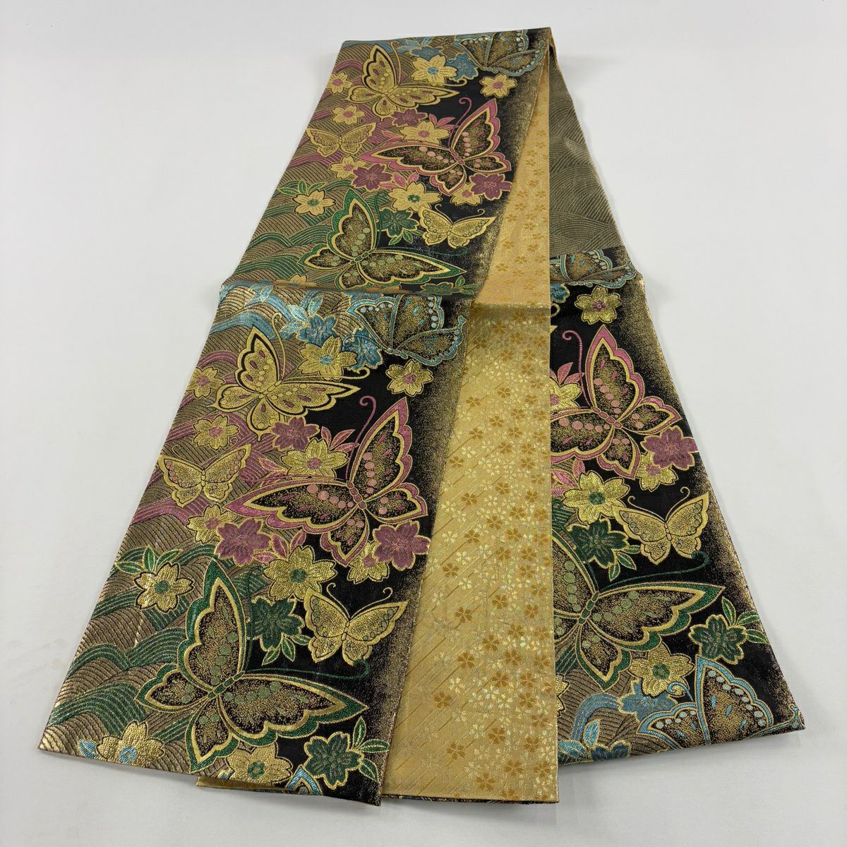 袋帶 秀品級 粋聖 振袖禮服禮服用 蝶 櫻花 金金箔 黑 六通 純蠶絲
