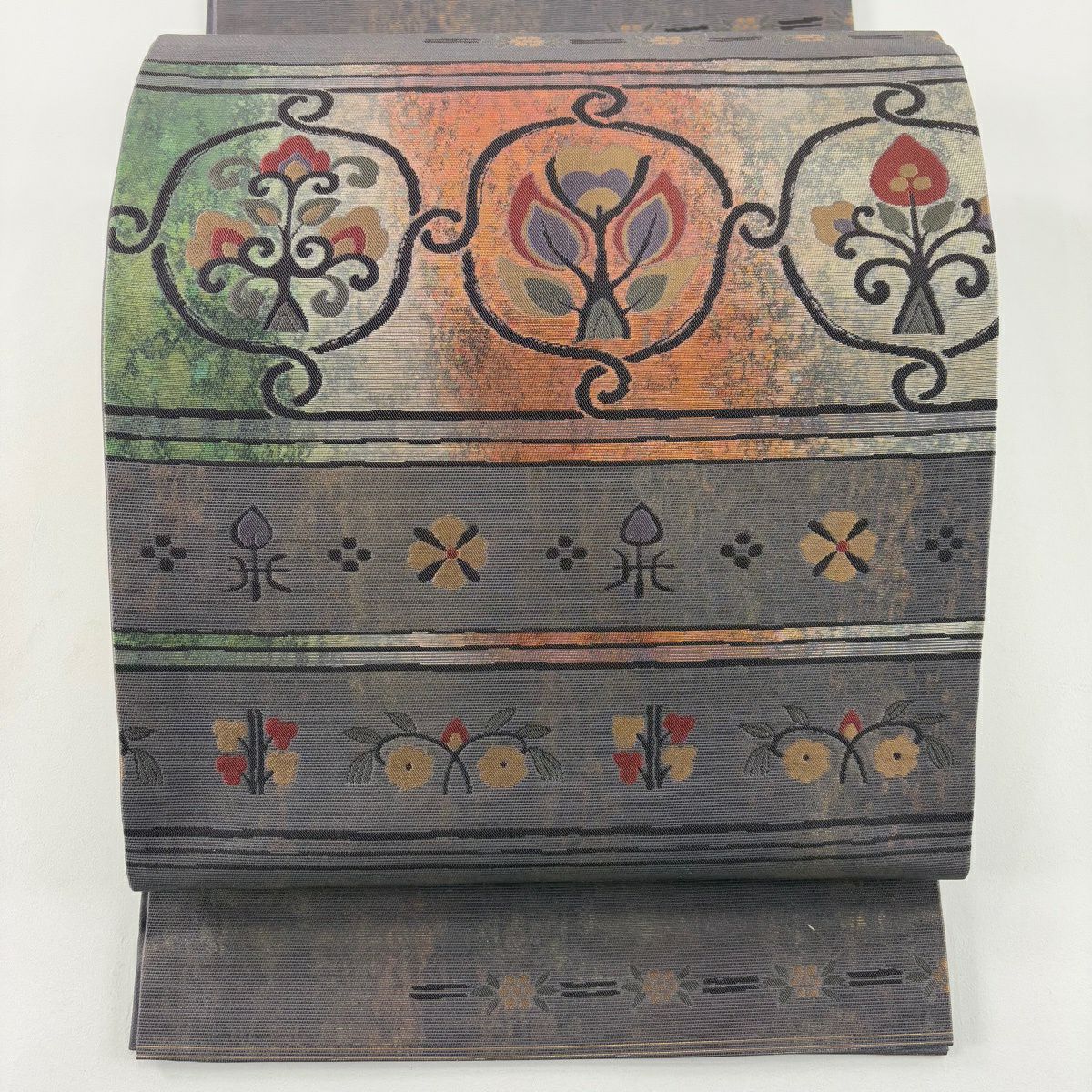 【美品】 袋帶 秀品級 橫段 草花紋紋 金金箔 灰紫色 お太鼓柄 純蠶絲