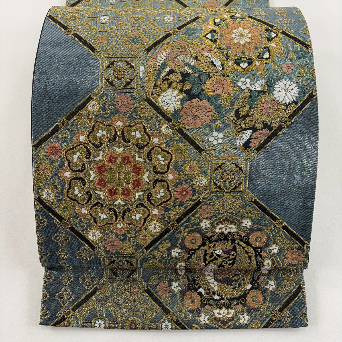 【美品】 袋帶 秀品級 蜀江華紋 鳳凰 金糸 金金箔 水藍 六通 純蠶絲