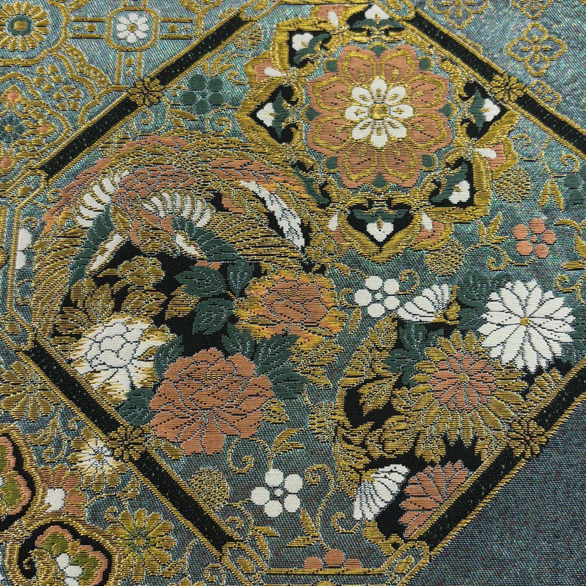【美品】 袋帶 秀品級 蜀江華紋 鳳凰 金糸 金金箔 水藍 六通 純蠶絲
