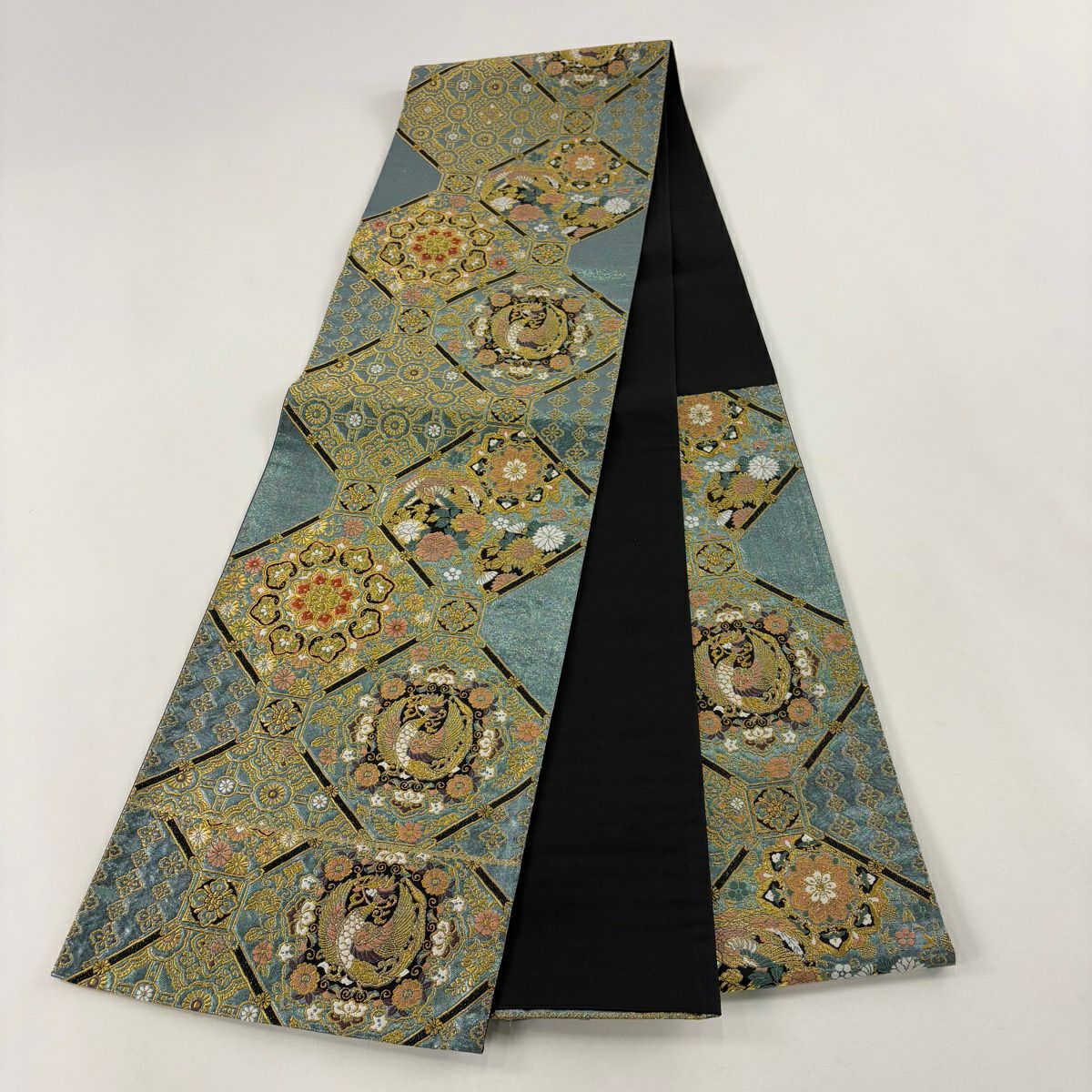 【美品】 袋帶 秀品級 蜀江華紋 鳳凰 金糸 金金箔 水藍 六通 純蠶絲