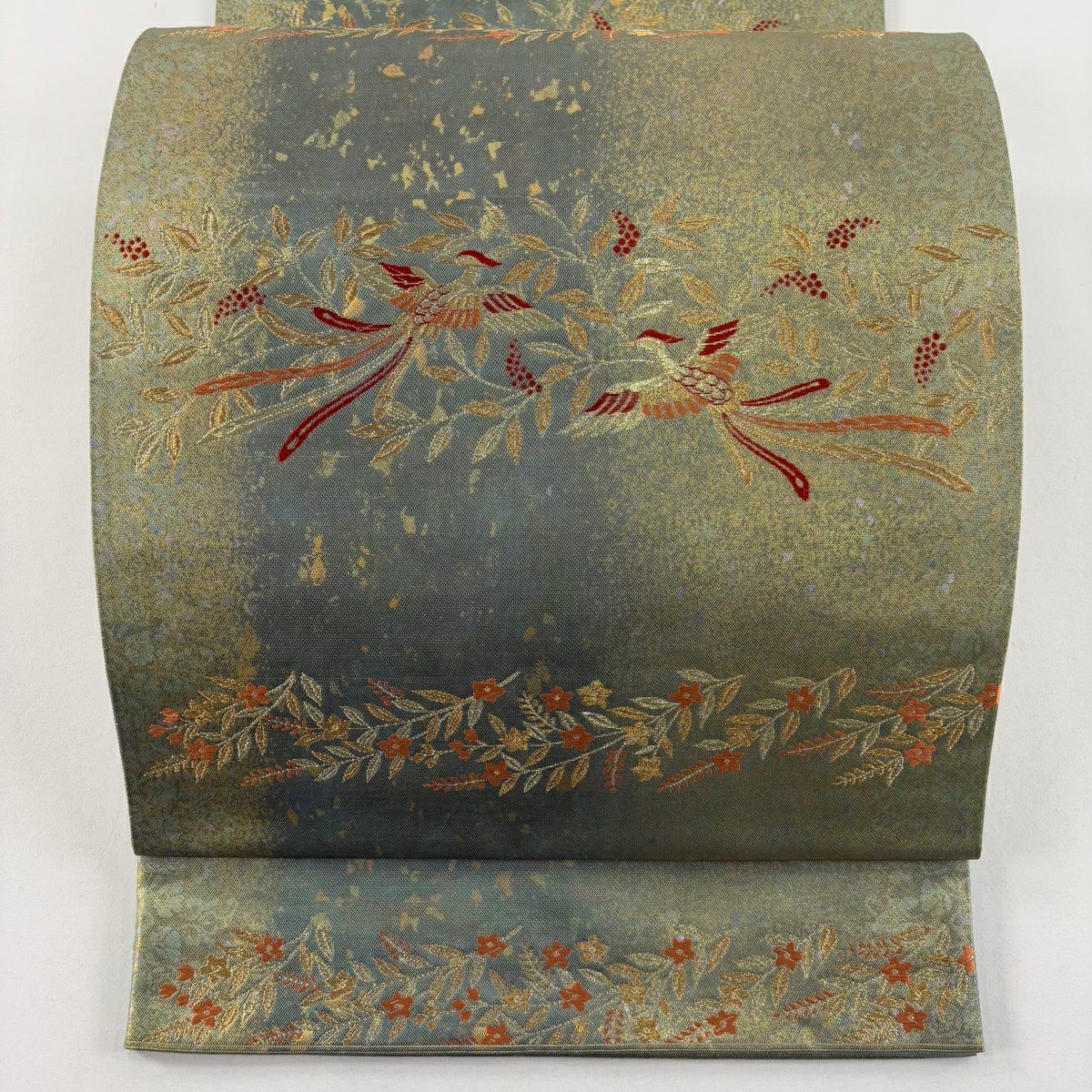 【美品】 袋帶 秀品級 關西仕立 鳥 草花紋 金糸 金金箔 灰綠 六通 純蠶絲