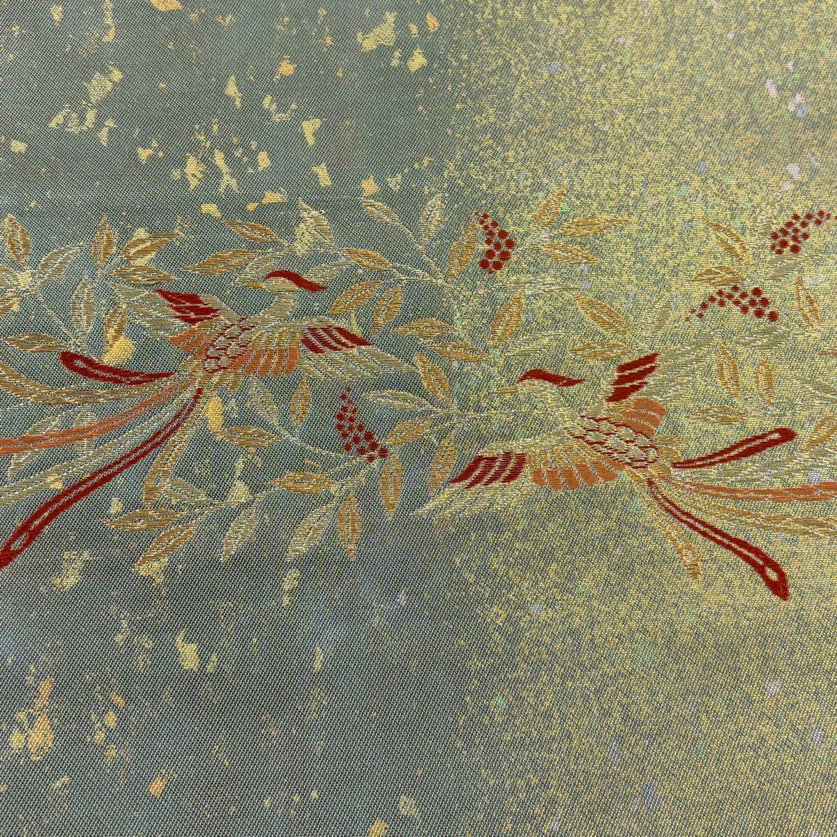 【美品】 袋帶 秀品級 關西仕立 鳥 草花紋 金糸 金金箔 灰綠 六通 純蠶絲