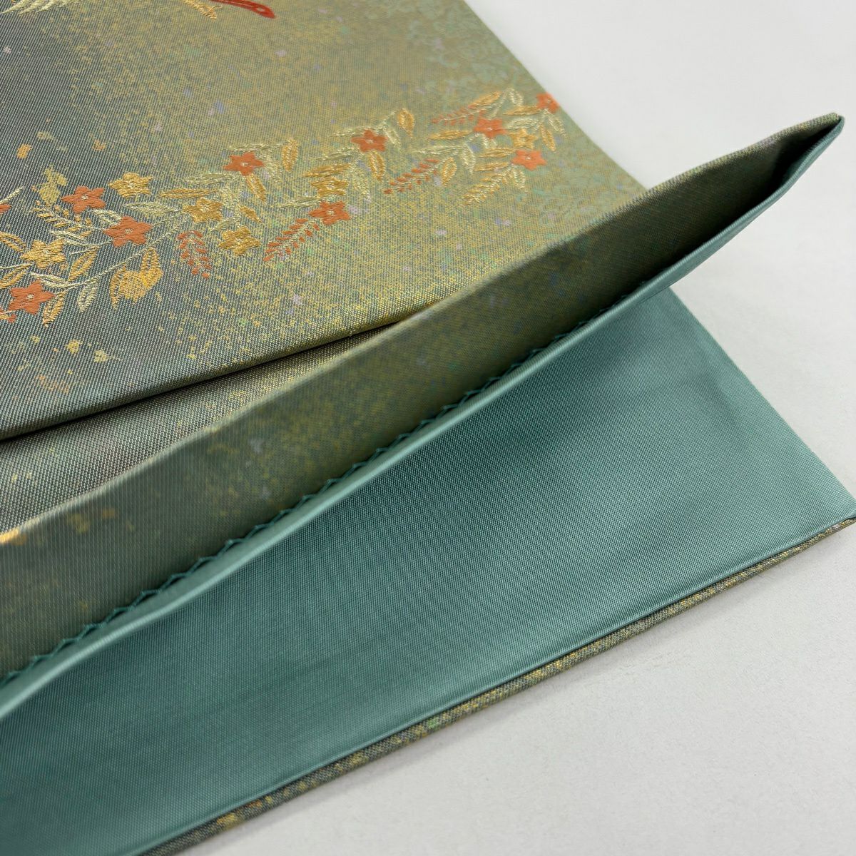 【美品】 袋帶 秀品級 關西仕立 鳥 草花紋 金糸 金金箔 灰綠 六通 純蠶絲