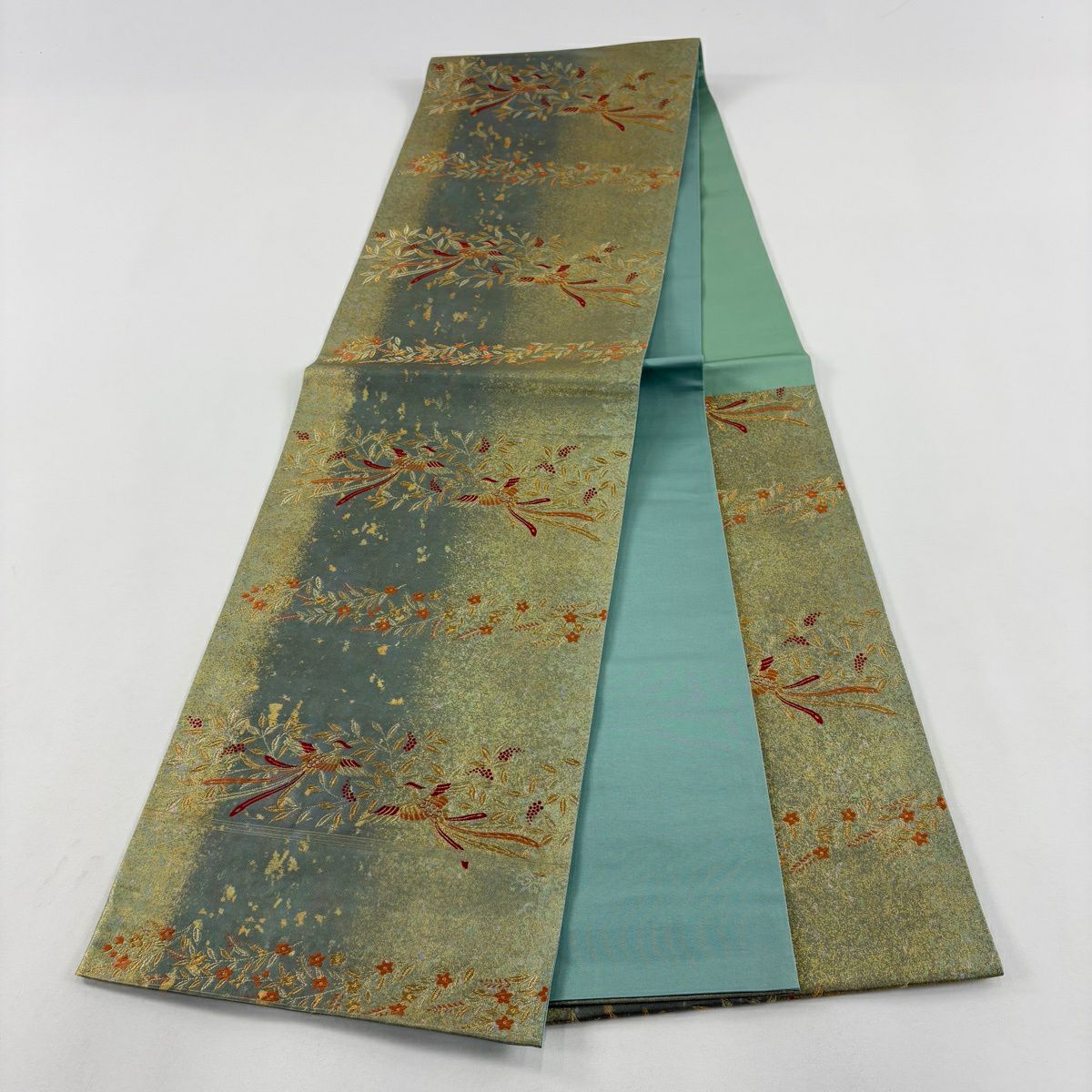 【美品】 袋帶 秀品級 關西仕立 鳥 草花紋 金糸 金金箔 灰綠 六通 純蠶絲