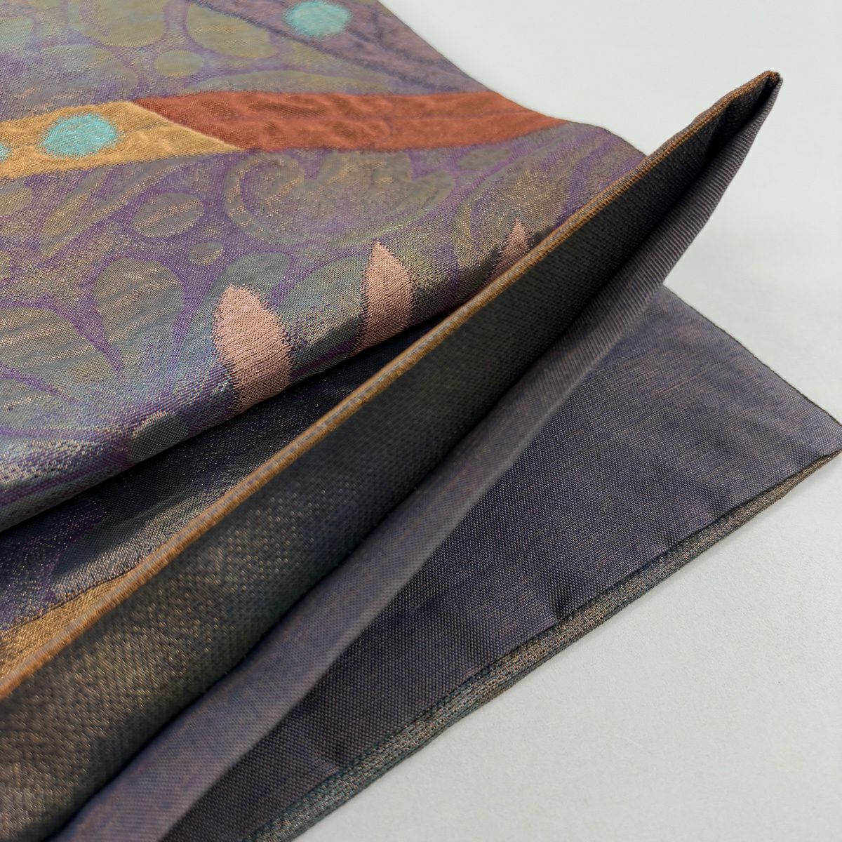 【美品】 袋帶 秀品級 關西仕立 雜葉紋 草花紋紋 金通 紫 六通 純蠶絲