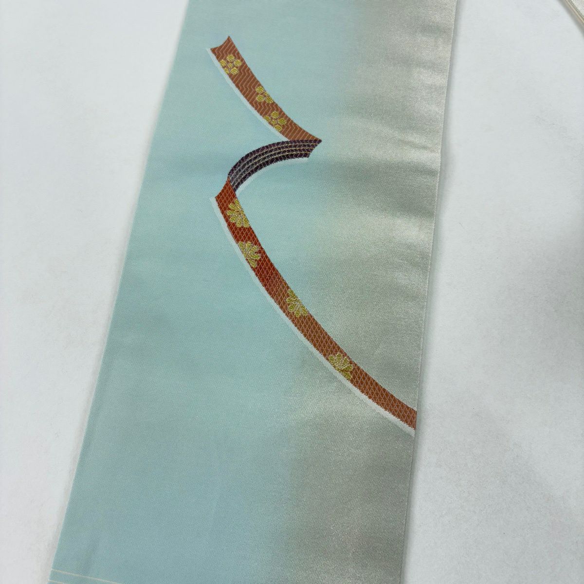 【美品】 名古屋帶 秀品級 蔓帶 文字 金絲 金金箔 水藍 純蠶絲